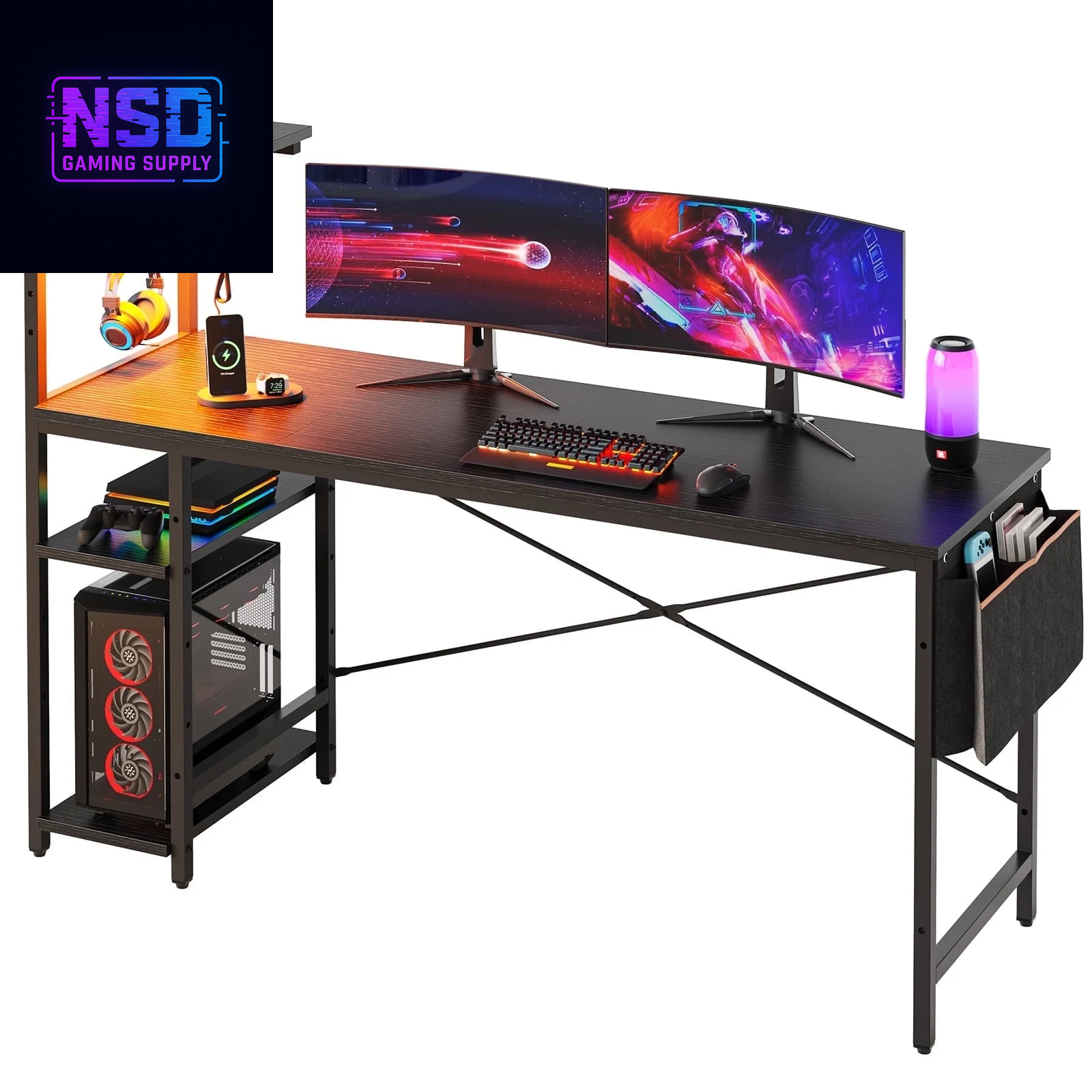 61" Reversible Gaming Desk Computer Desk with LED Lights 4 Tier Shelves Black