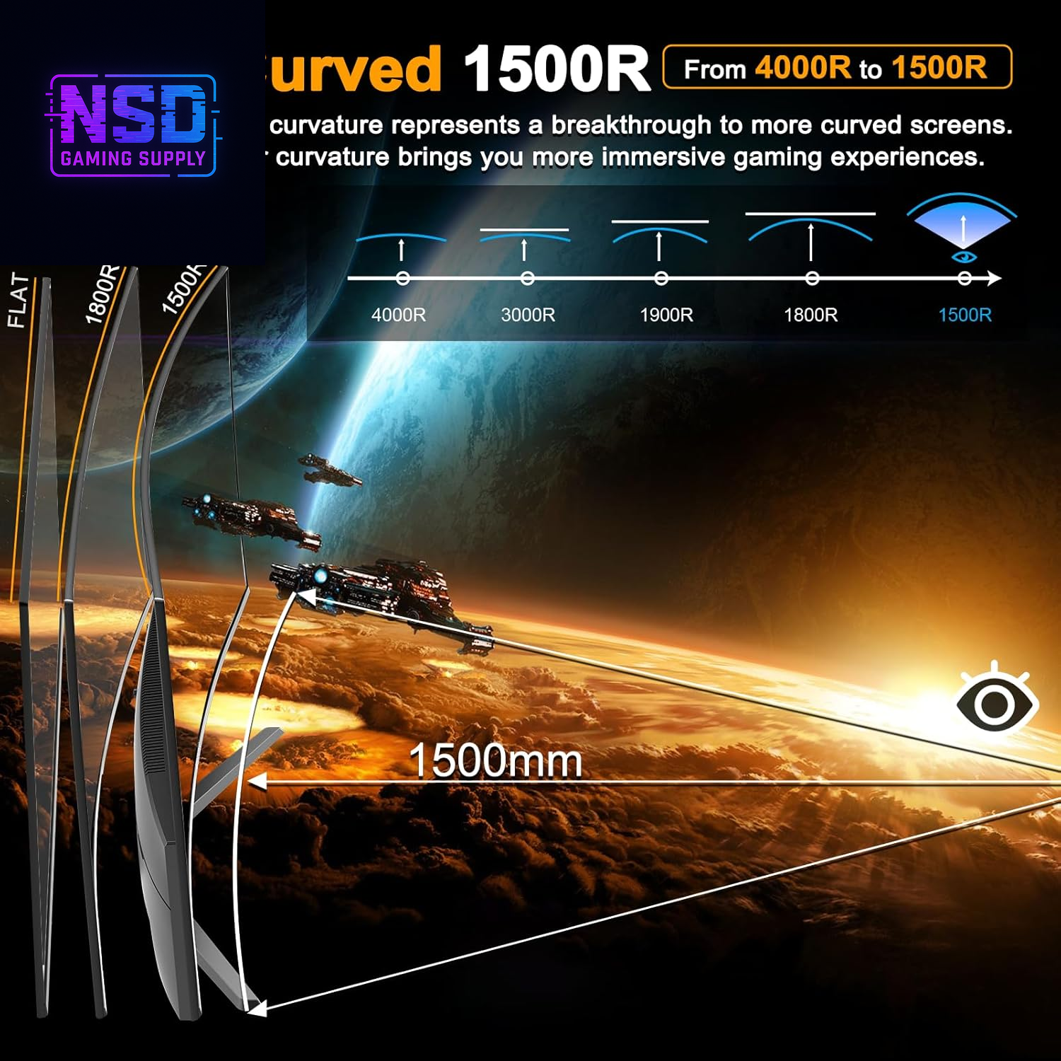 24‑inch Curved Gaming Monitor, 180 Hz, 1 ms MPRT, FHD, FreeSync, 130% sRGB, HDR, Built‑in speakers, HDMI + DP, VESA, metal stand, HDMI cable included