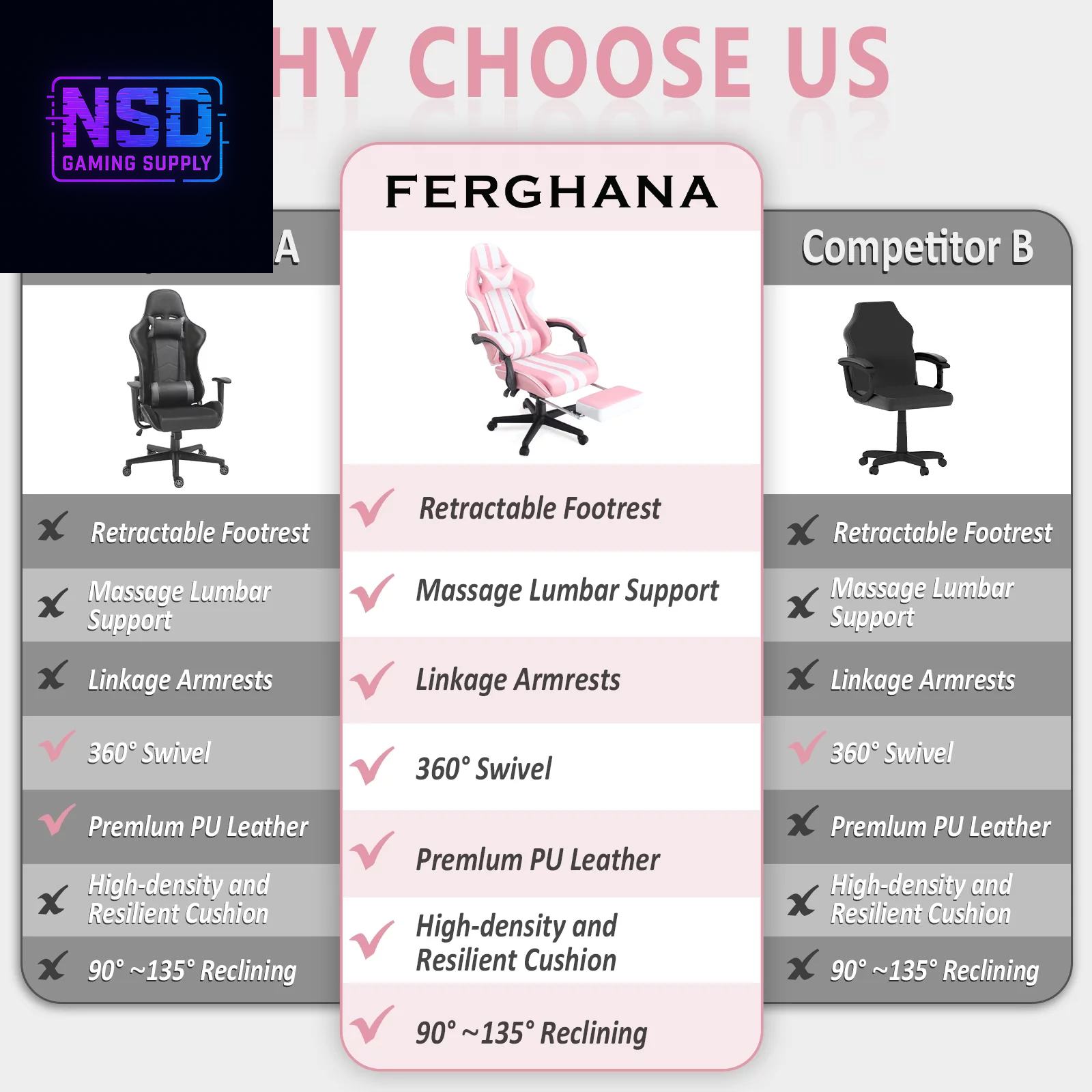 Gaming Chair Office Chair with Footrest, Ergonomic Massage Chair with Lumbar Pillow, Headrest for Adults Teens, Pink