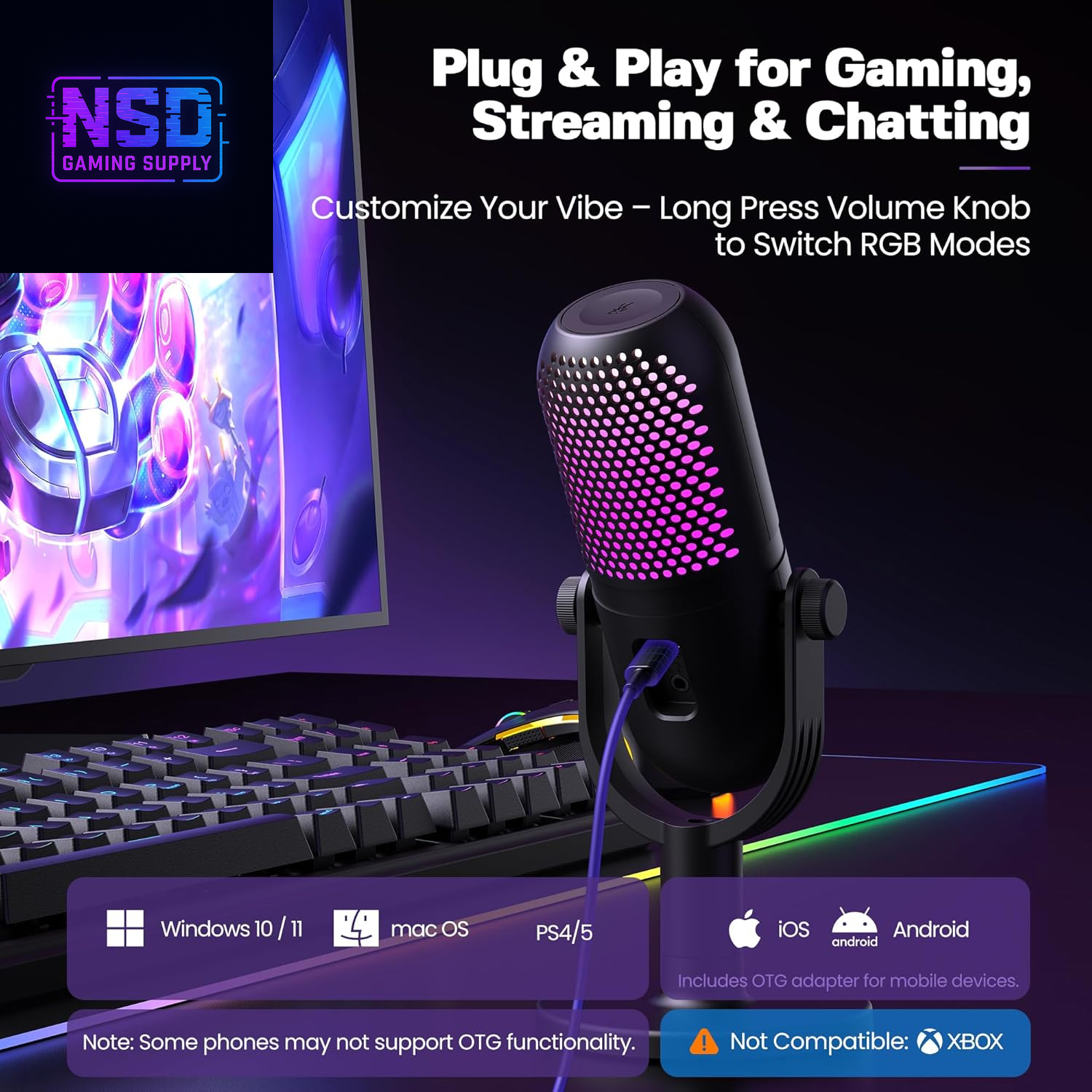 ZTD39 RGB USB Gaming Microphone – Condenser Mic with Noise Reduction, Real-Time Monitoring, Reverb Modes, Tap-to-Mute, and RGB Lighting – for PC, Laptop, PS5, Streaming, and Podcasts