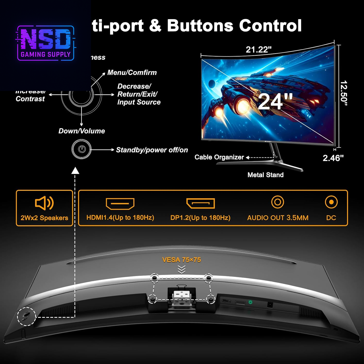 24‑inch Curved Gaming Monitor, 180 Hz, 1 ms MPRT, FHD, FreeSync, 130% sRGB, HDR, Built‑in speakers, HDMI + DP, VESA, metal stand, HDMI cable included