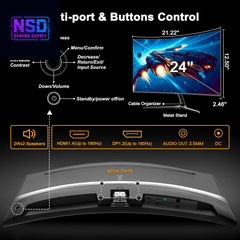24‑inch Curved Gaming Monitor, 180 Hz, 1 ms MPRT, FHD, FreeSync, 130% sRGB, HDR, Built‑in speakers, HDMI + DP, VESA, metal stand, HDMI cable included