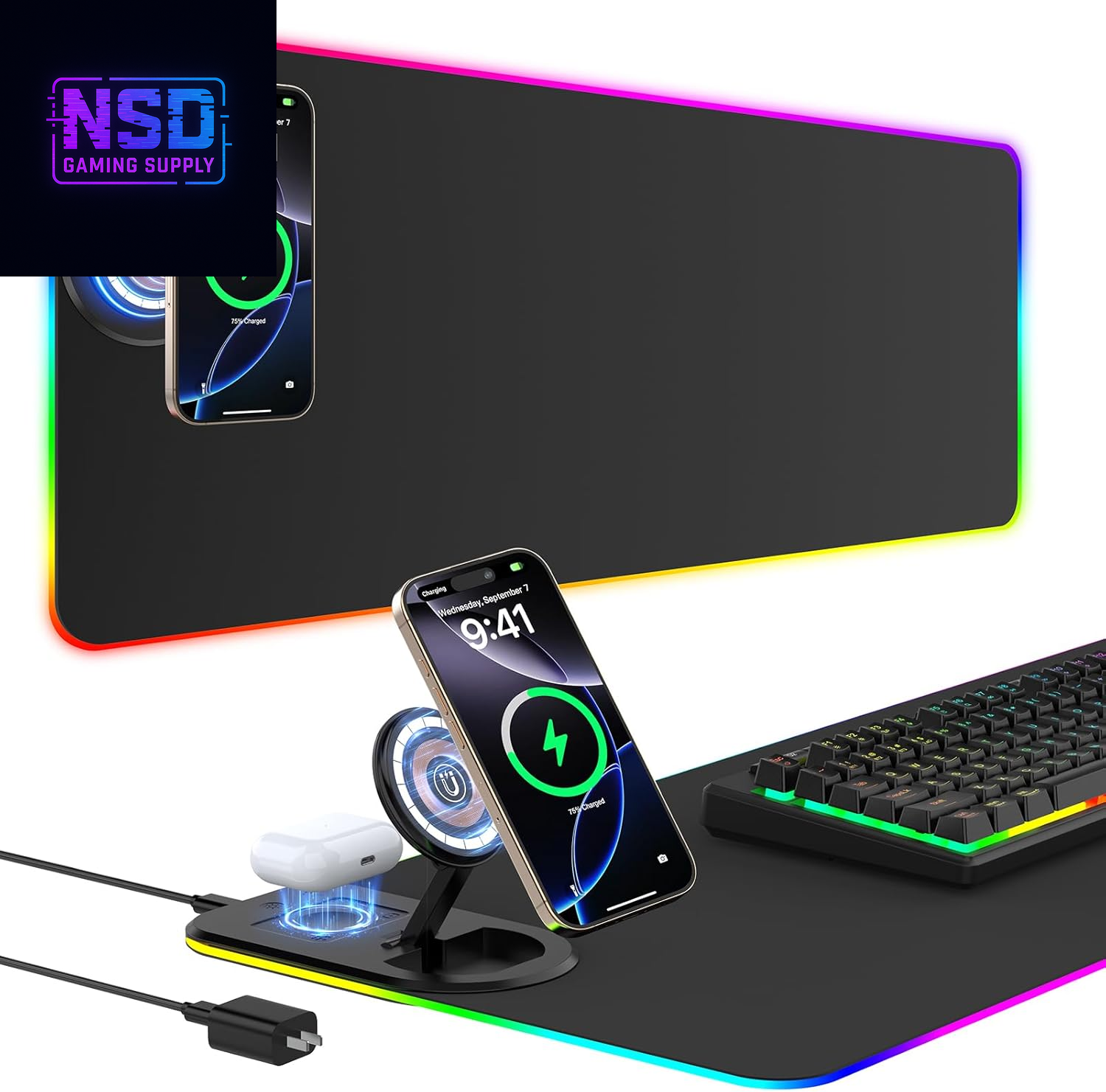 RGB Gaming Mouse Pad Wireless Charging Desk Mat with Foldable Phone Stand, Large LED Gaming Mat 800X350X4Mm, 15 Light Modes, Waterproof, Keyboard Pad for PC Computer, Includes 20W PD Power Adapter