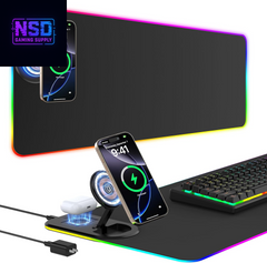 RGB Gaming Mouse Pad Wireless Charging Desk Mat with Foldable Phone Stand, Large LED Gaming Mat 800X350X4Mm, 15 Light Modes, Waterproof, Keyboard Pad for PC Computer, Includes 20W PD Power Adapter