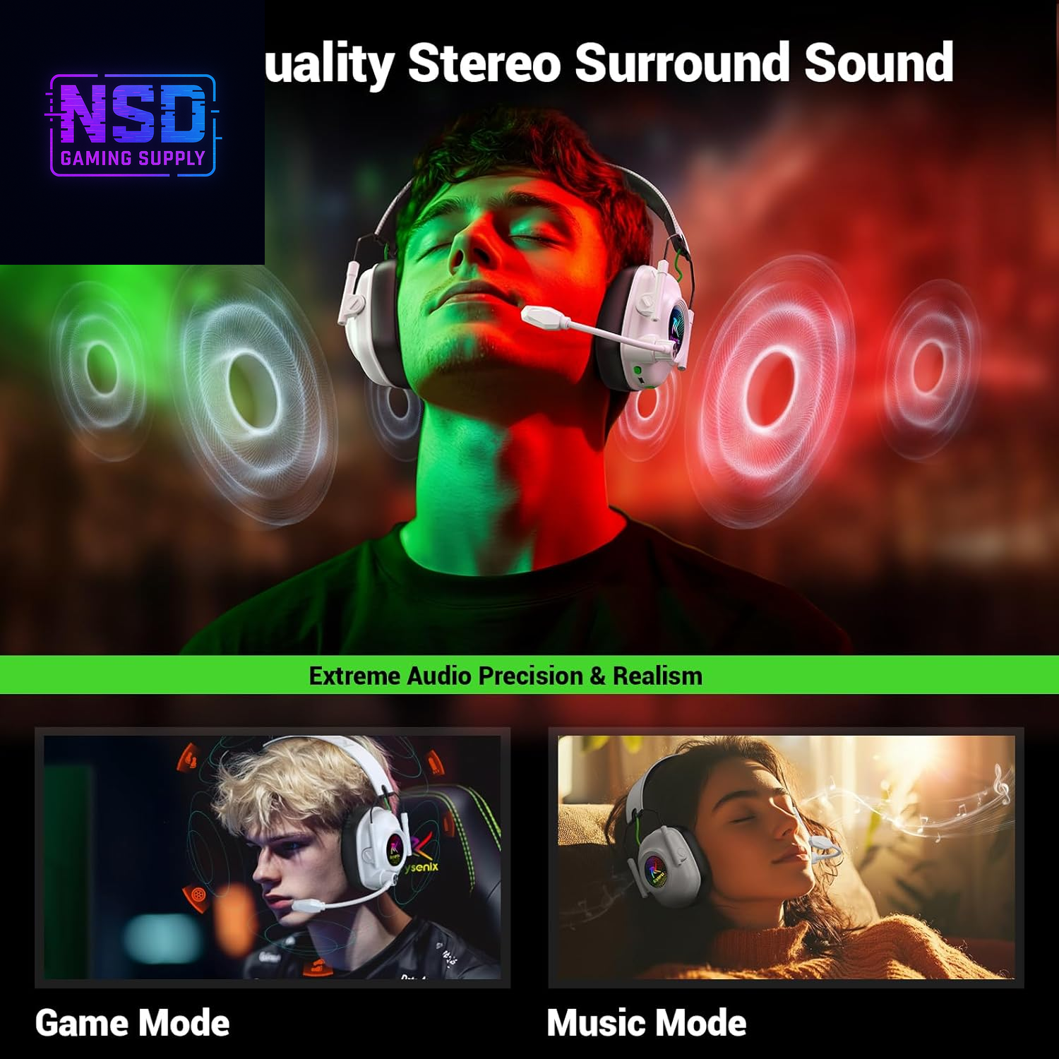 Wireless Gaming Headset with Noise Canceling Microphone for PC, PS5, PS4, Switch, Mac, 2.4 Ghz Wireless & Bluetooth 5.4 Gaming Headphones, Cool RGB Lighting, 50Hr Battery, 50Mm Drivers