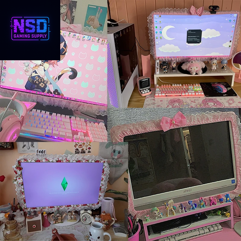 Lace Fabric Computer Frame Cover Monitor Screen Dust Cover with Elastic Pen Pocket Bow Home Decorations