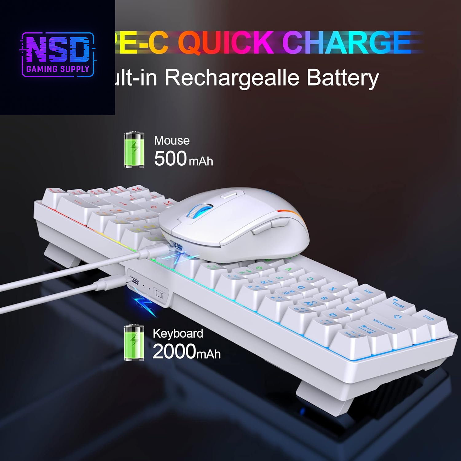 60% Wireless Gaming Keyboard and Mouse Combo,Led Backlit Rechargeable 2000Mah Battery,Mini Mechanical Feel Anti-Ghosting Keyboard +Popular RGB Gaming Mice for PC Gamer (White)