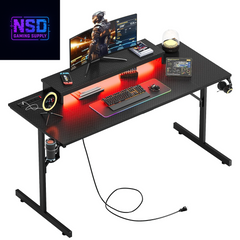 52 Inch Gaming Desk with Power Strip and LED Monitor Stand, Small Computer Desk for Home Office, Carbon Fiber Black