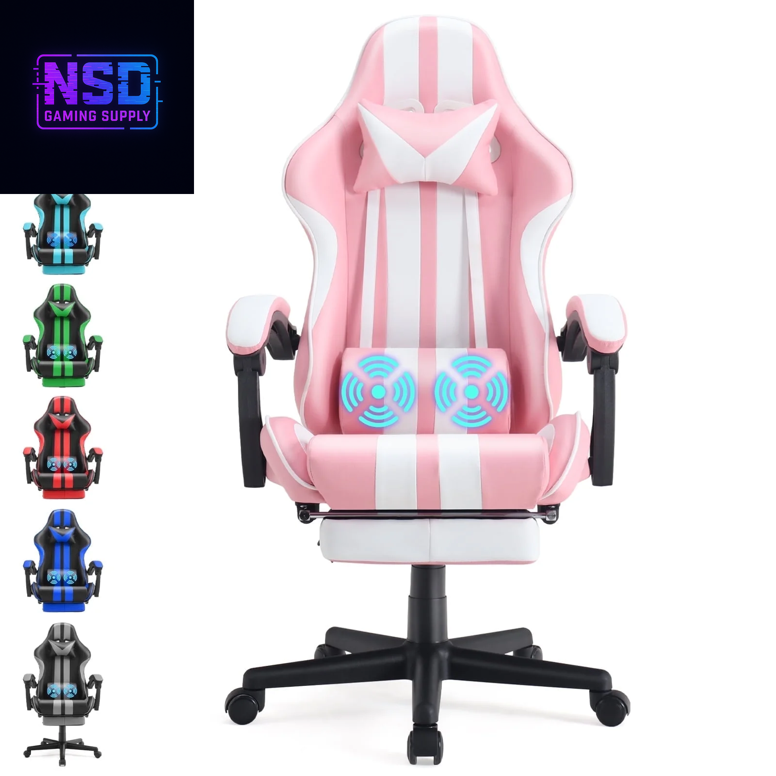 Gaming Chair Office Chair with Footrest, Ergonomic Massage Chair with Lumbar Pillow, Headrest for Adults Teens, Pink