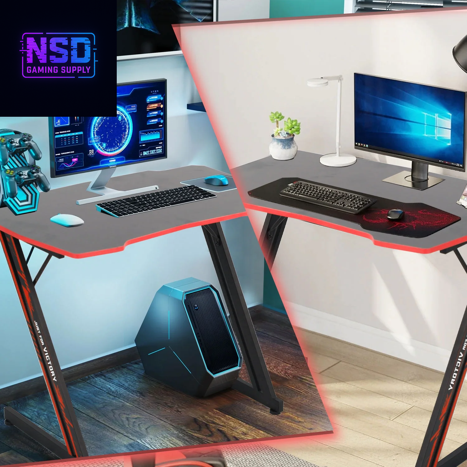 47 Inch Gaming Desk, Z Shaped PC Computer Desk Gaming Workstation with Headphone Hook, Ergonomic Gaming Table PC Desk for Game Players, Red