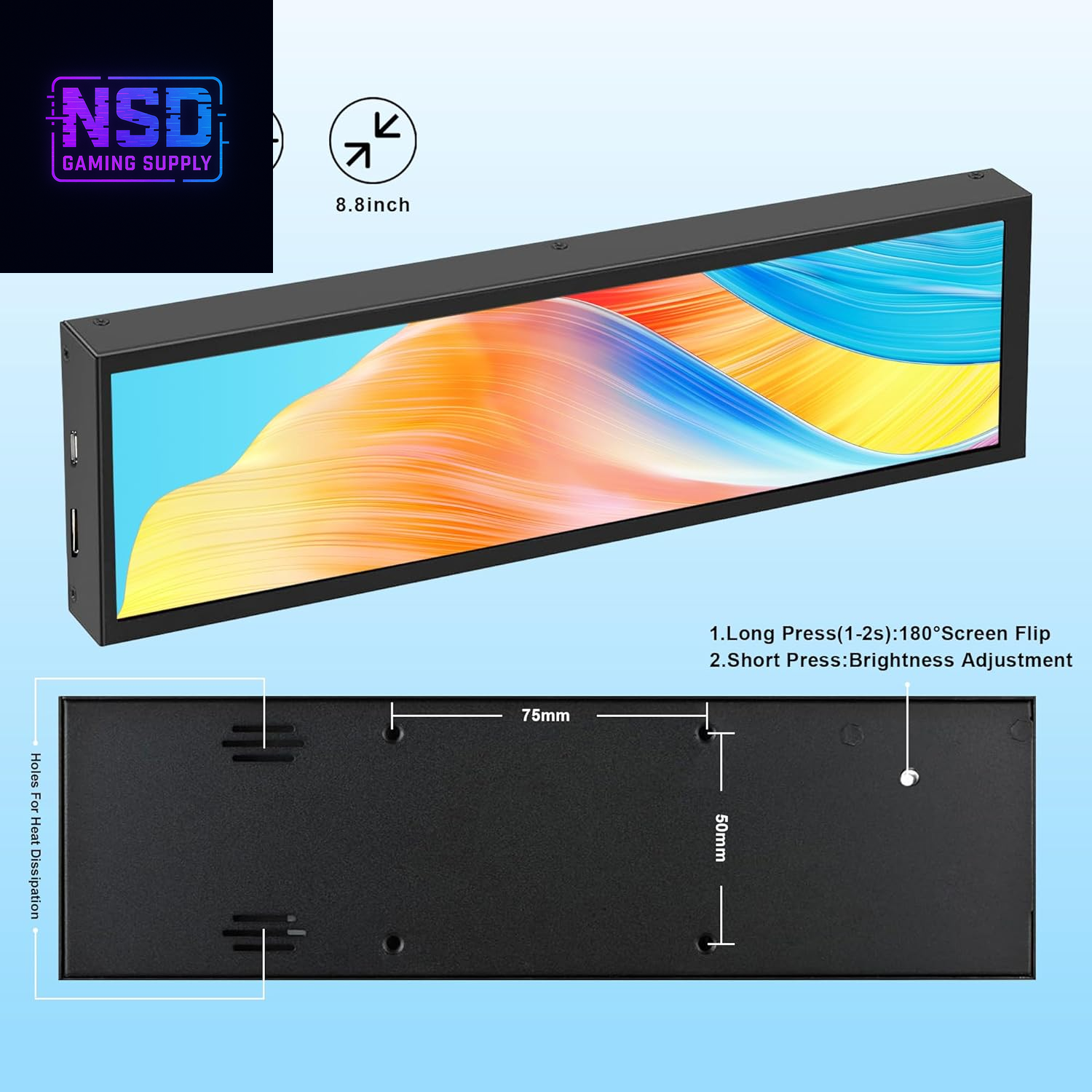 8.8 Inch FHD Computer Secondary Screen IPS 1920X480 LCD Display CPU Temperature Monitor with Casing for Computer Case Temperature Windows Aida64 CPU GPU Monitor