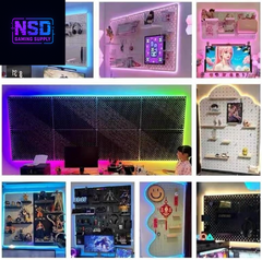 RGB+IC LED Pegboard Wall Organizer – 2-Pack Heavy-Duty Metal Panels with Hooks, 12x24 Inch Wall-Mounted Gaming Setup Organizer, DIY LED Display Board