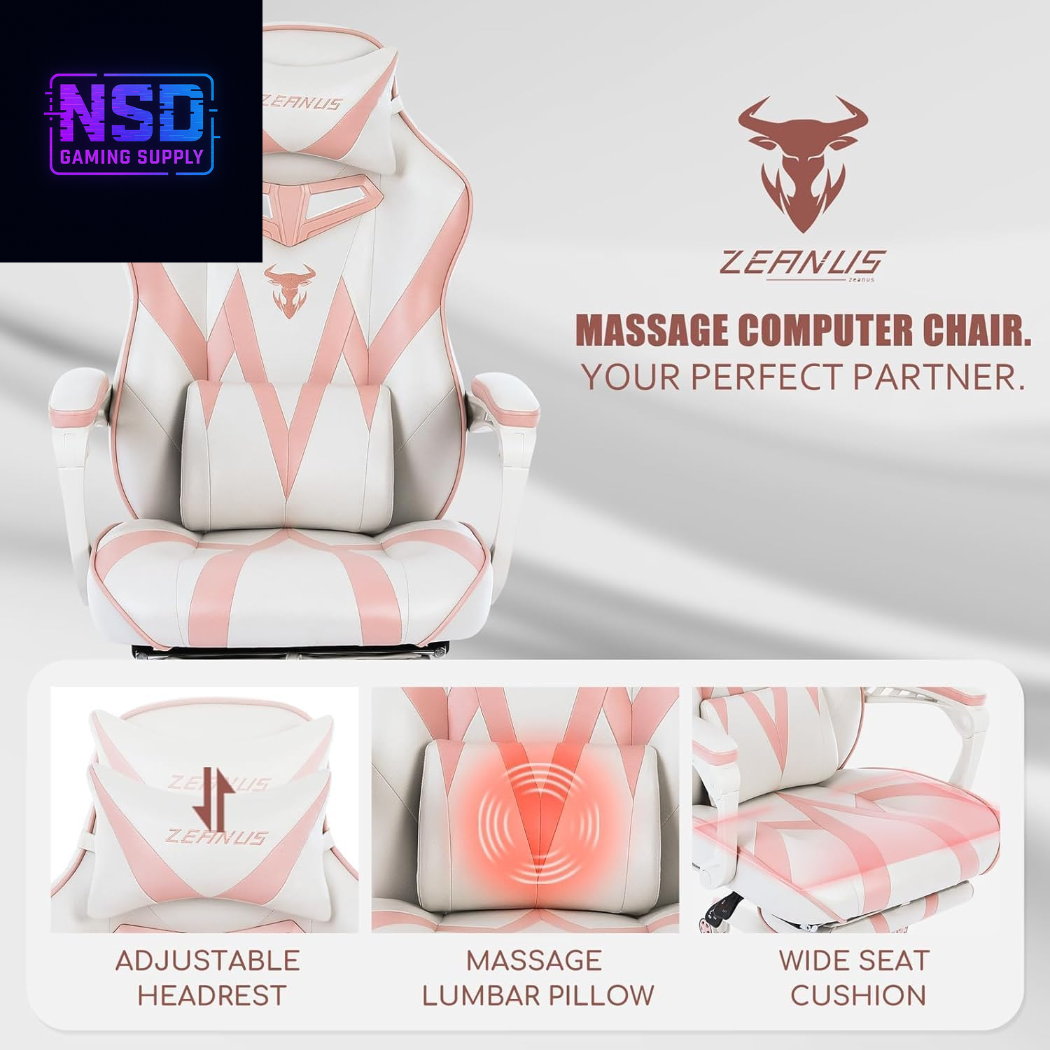 Zeanus Pink Gaming Chair with Massage & Footrest – Ergonomic Gamer Chair for Women and Adults