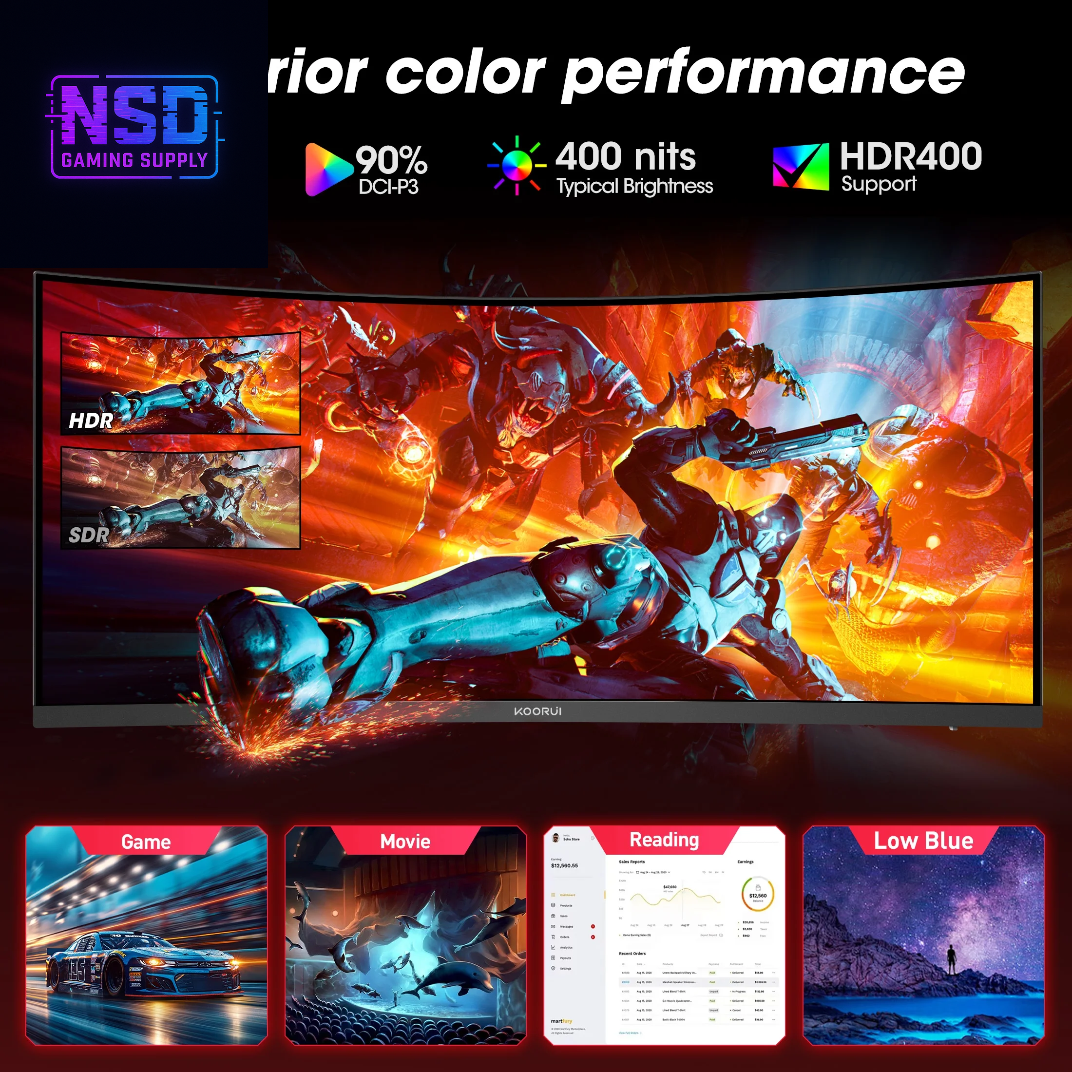 34'' WQHD Curved Gaming Monitor, 180Hz/165Hz Ultrawide Monitor, 3440×1440P 1Ms(Mprt) HDR400, Black