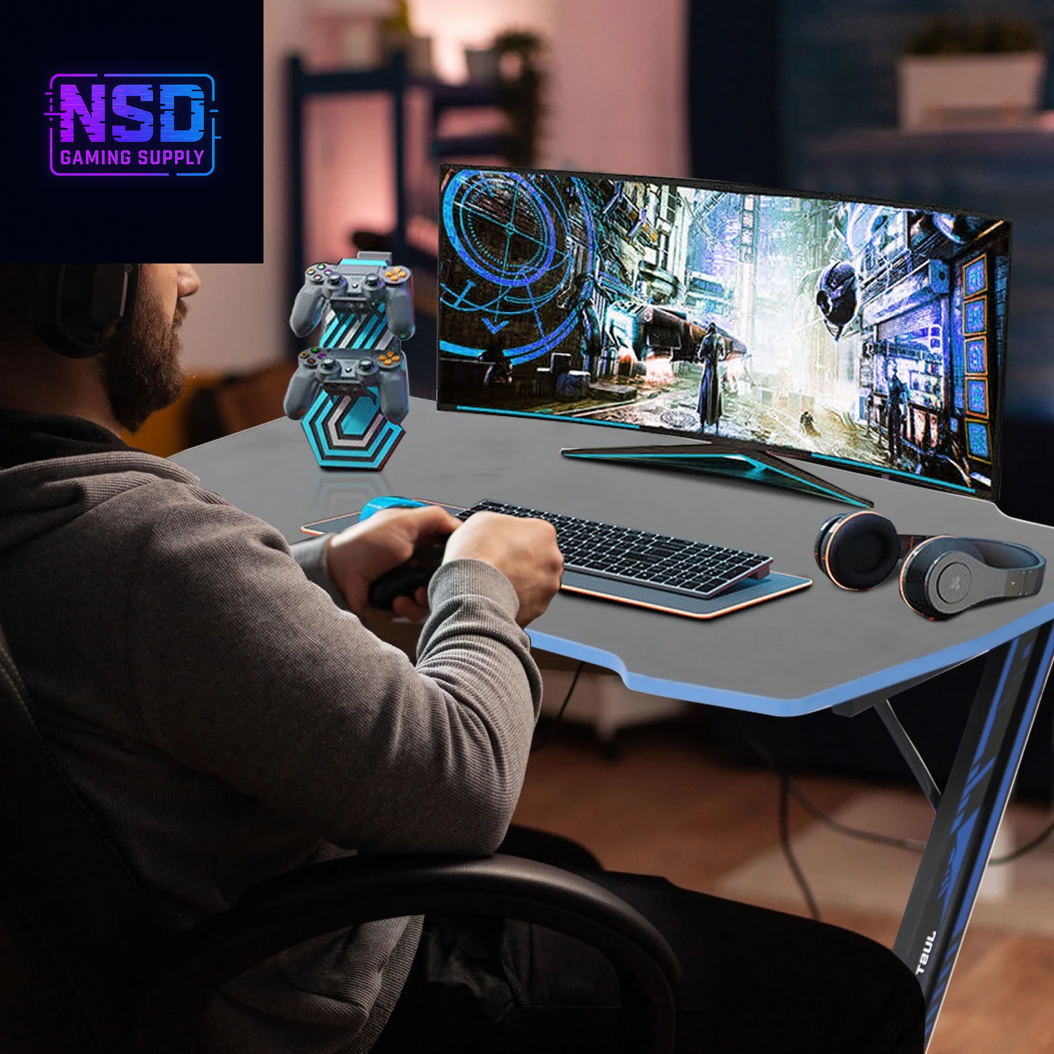 47 Inch Gaming Desk, Z Shaped PC Computer Desk Gaming Workstation with Headphone Hook, Ergonomic Gaming Table PC Desk for Game Players, Blue