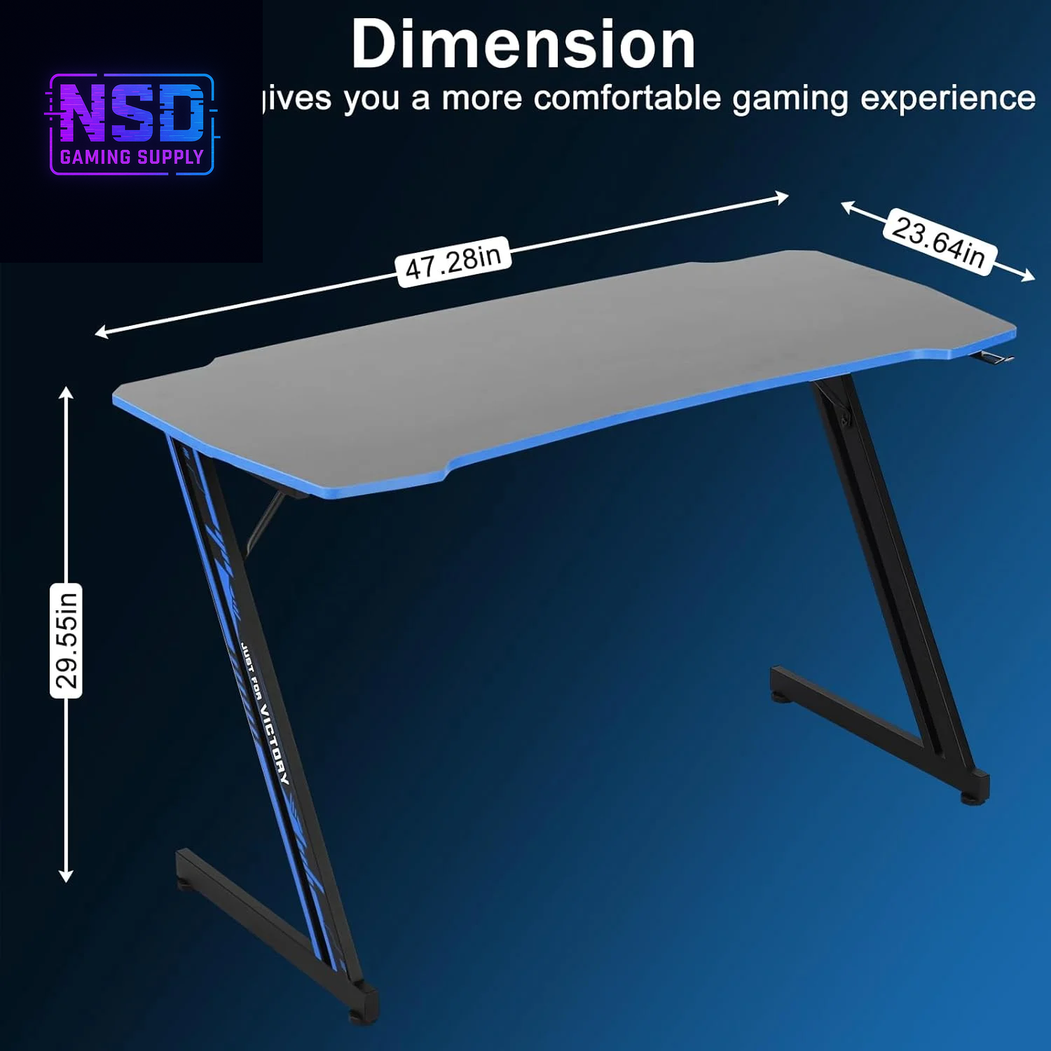 47-Inch Z-Shaped Gaming Desk – Ergonomic Design, Headphone Hook, Cup Holder, Carbon Fiber Texture (Blue)