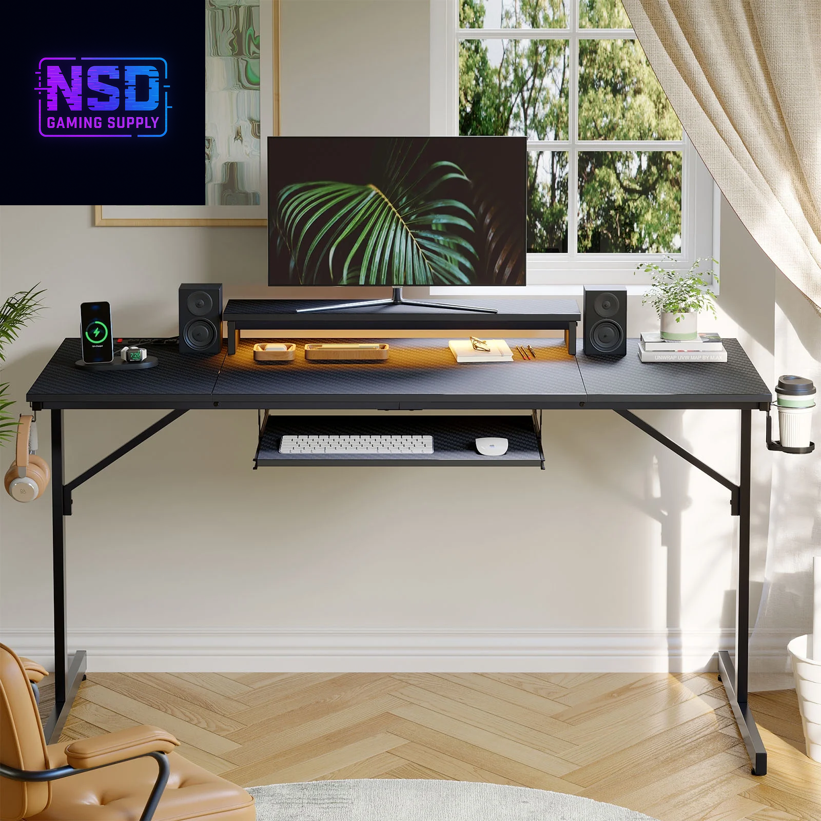 63" Gaming Desk with LED Lights & Power Outlets, Monitor Stand & Keyboard Tray for Home Office, Carbon Fiber Black