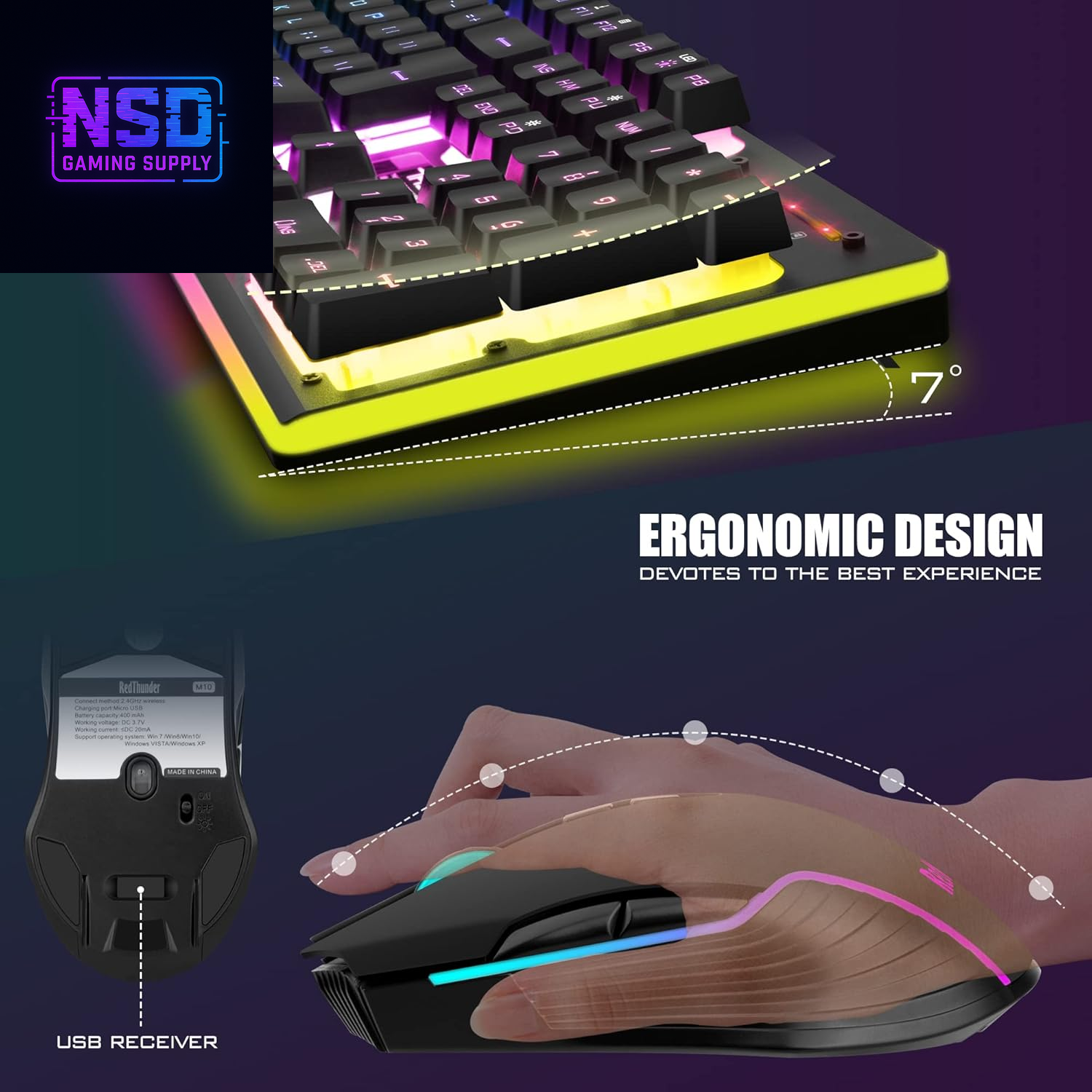 K10 Wireless Gaming Keyboard and Mouse Combo, LED Backlit Rechargeable 3800Mah Battery, Mechanical Feel Anti-Ghosting Keyboard + 7D 3200DPI Mice for PC Gamer (Black)