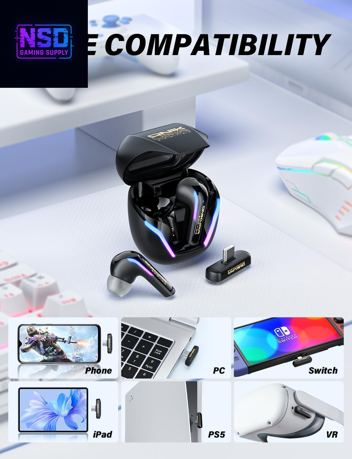 2.4G Wireless Gaming Earbuds with ENC Mic, 20Ms Low-Latency for PS5/4, Meta Quest 3/3S/2, 2.4Ghz Bluetooth Dual-Mode Headphones for Phone, Pad, Laptop, Steam Deck, Switch, PC, Vr(With USB-C Dongle)
