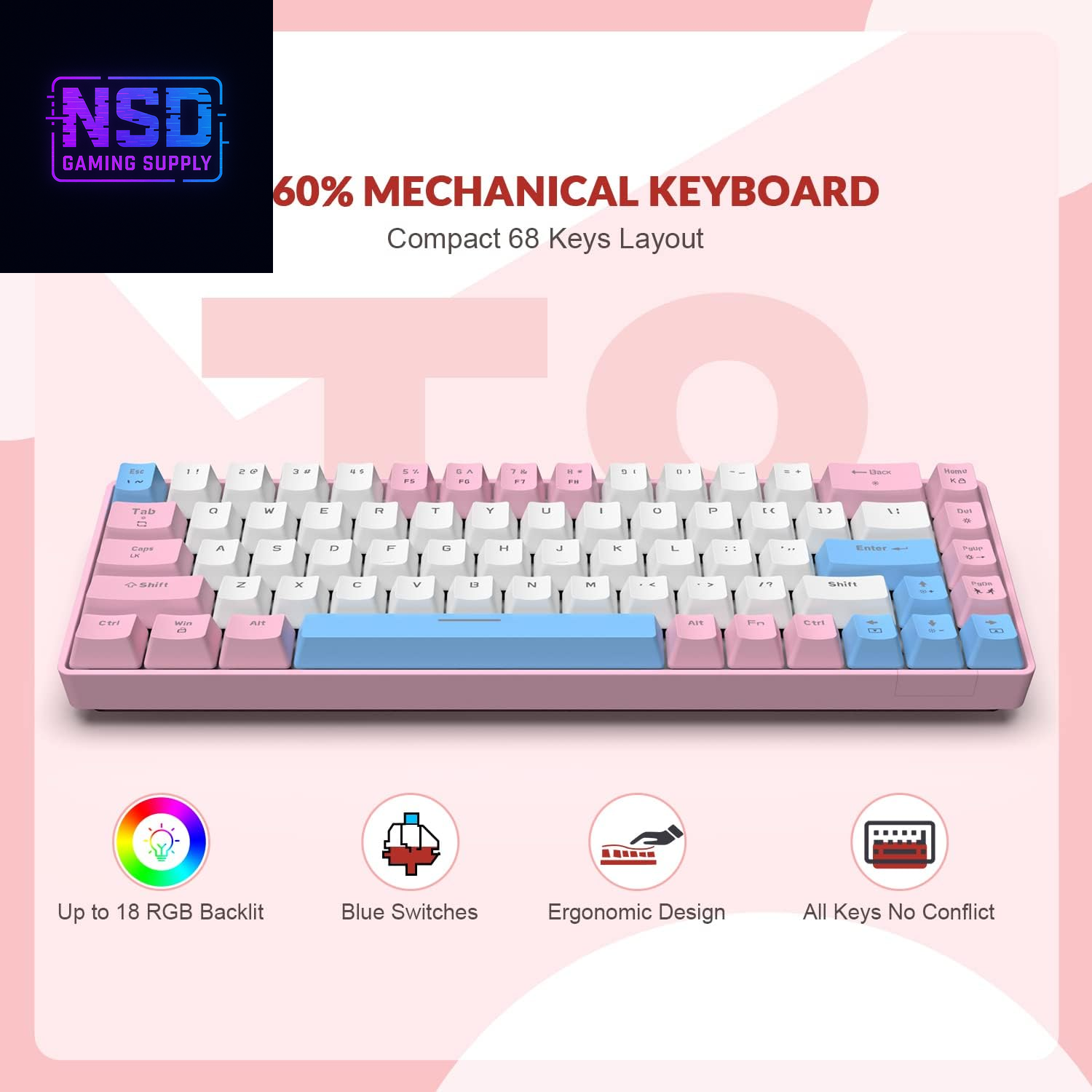 RK-T8 Wired 65% Mechanical Gaming Keyboard with RGB LED Backlit Anti-Ghosting TKL Mini 68 Key Custom Coiled C to a Cable Tactile Blue Switch for PS4 PS5 Xbox PC Mac Gamer(Pink/White/Blue)