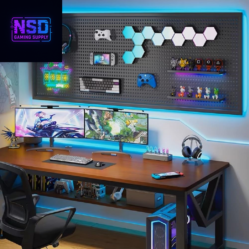 RGB+IC LED Pegboard Wall Organizer – 2-Pack Heavy-Duty Metal Panels with Hooks, 12x24 Inch Wall-Mounted Gaming Setup Organizer, DIY LED Display Board