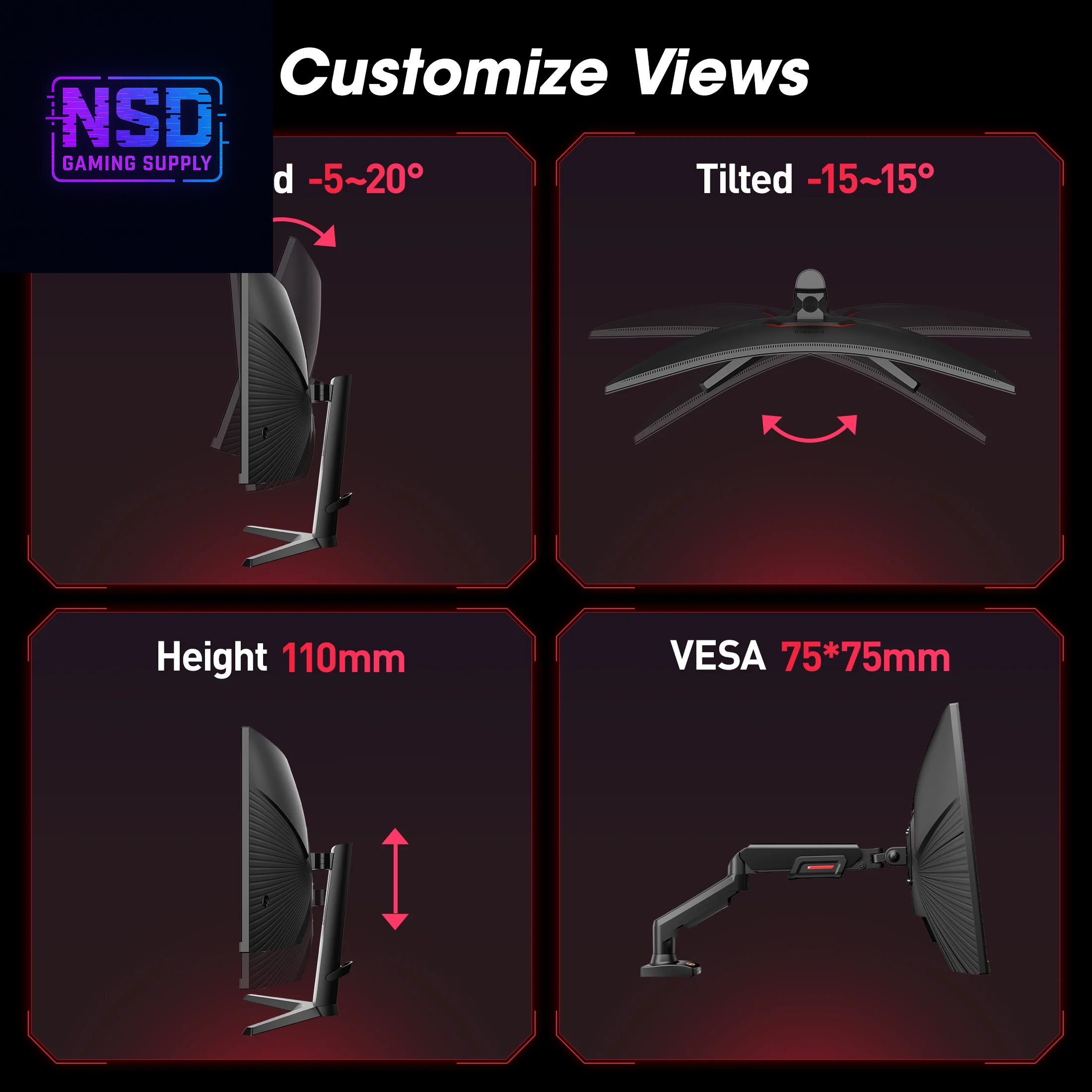 34'' WQHD Curved Gaming Monitor, 180Hz/165Hz Ultrawide Monitor, 3440×1440P 1Ms(Mprt) HDR400, Black