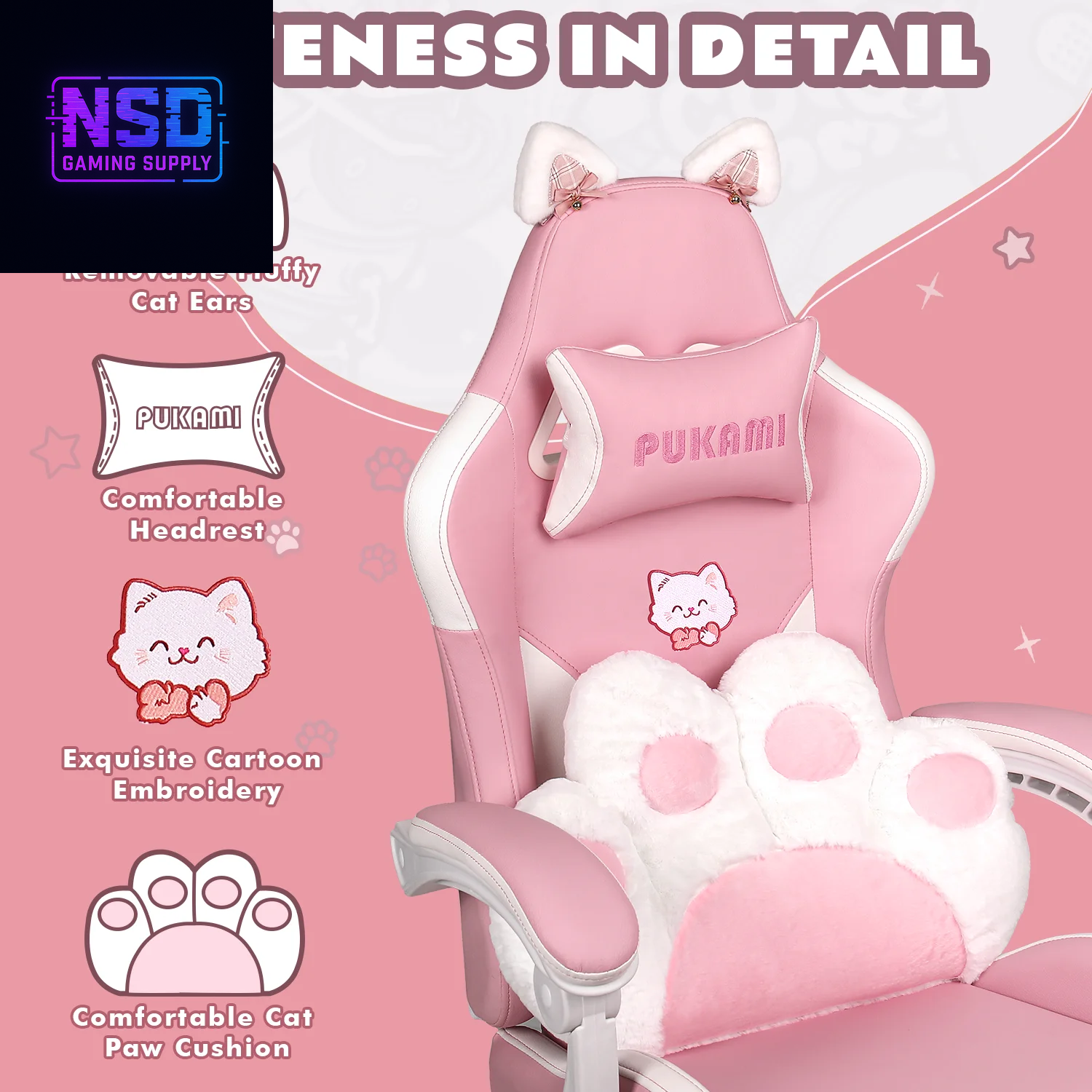 Pink Gaming Chair,Ergonomic Computer Chair for Adult with Cat Paw Lumbar Cushion and Cat Ears