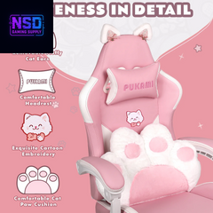 Pink Gaming Chair,Ergonomic Computer Chair for Adult with Cat Paw Lumbar Cushion and Cat Ears