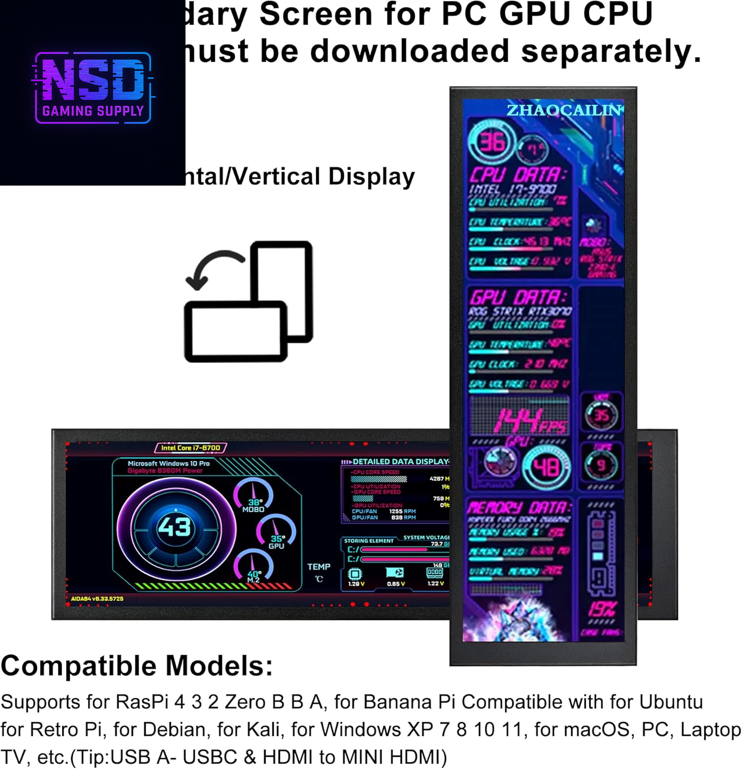 8.8 Inch FHD Computer Secondary Screen IPS 1920X480 LCD Display CPU Temperature Monitor with Casing for Computer Case Temperature Windows Aida64 CPU GPU Monitor