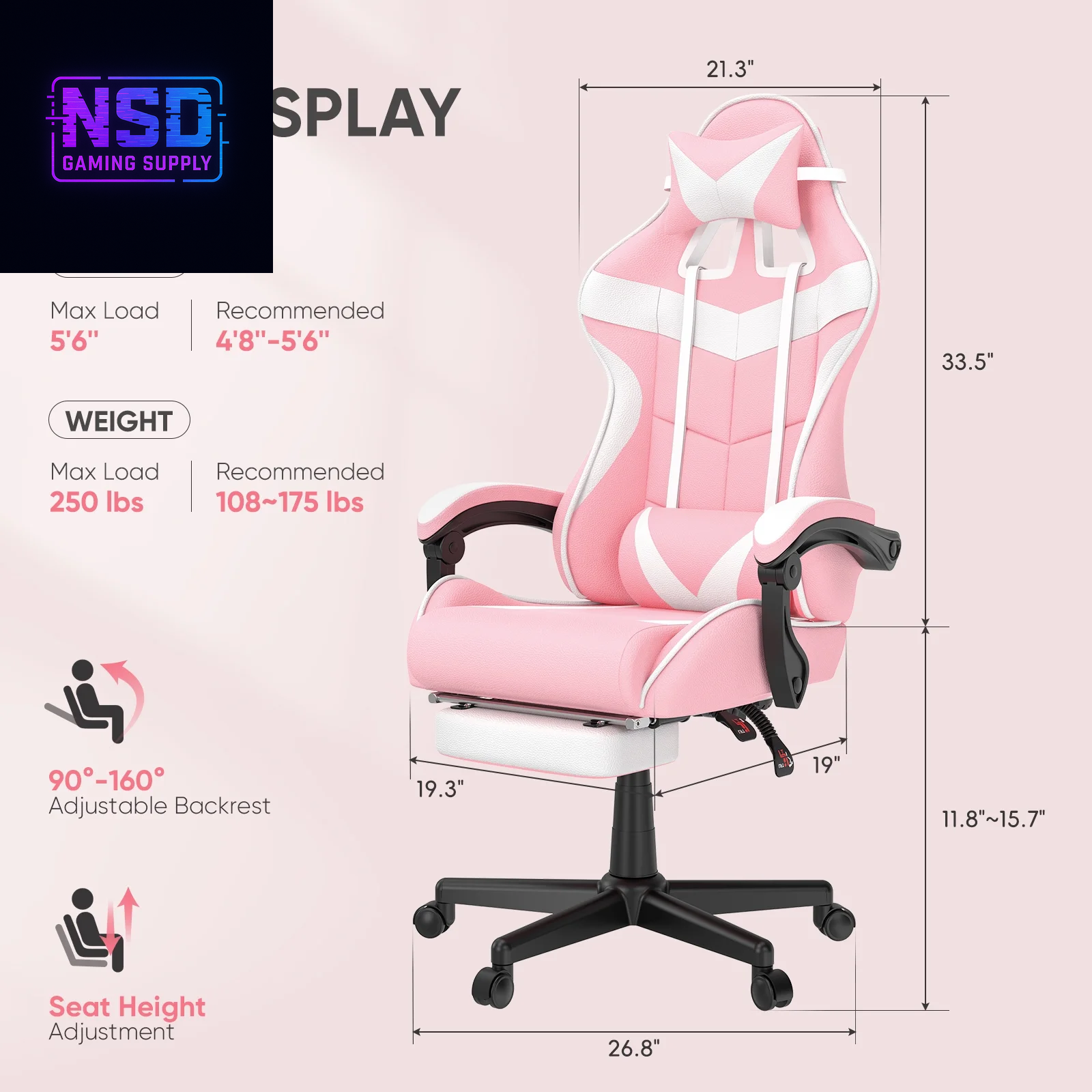 Pink Gaming Chair, Adult Game Gamer with Footrest & Massage Lumbar Pillow , Ergonomic High Back Office Chairs with Bunny Ear, Pink