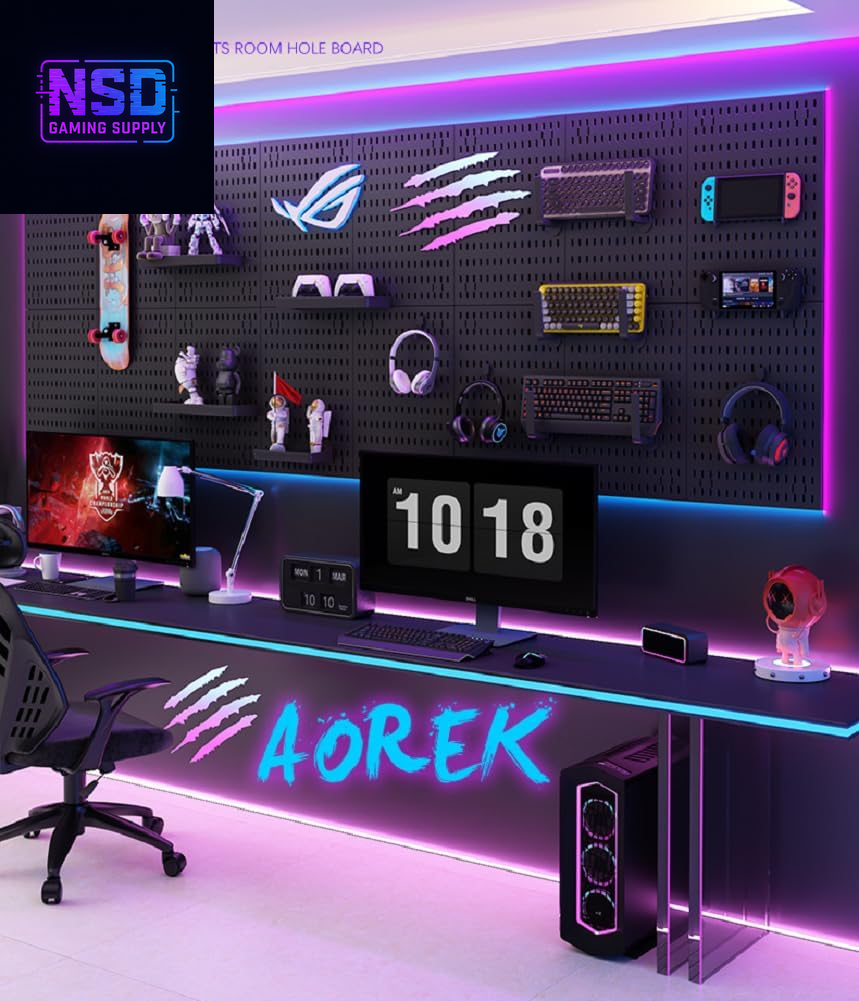 RGB+IC LED Pegboard Wall Organizer – 2-Pack Heavy-Duty Metal Panels with Hooks, 12x24 Inch Wall-Mounted Gaming Setup Organizer, DIY LED Display Board