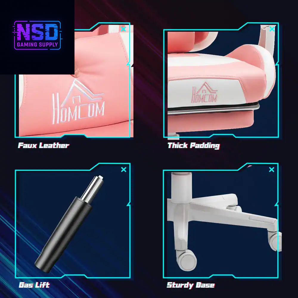 HOMCOM Cute Pink Gaming Chair with Footrest – Reclining Gamer Chair with Cat Ears, Faux Leather, and Adjustable Height