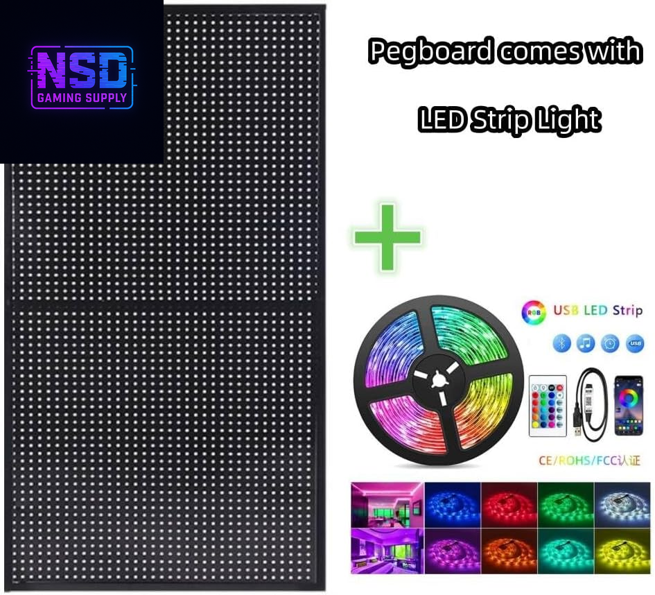 RGB+IC LED Pegboard Wall Organizer – 2-Pack Heavy-Duty Metal Panels with Hooks, 12x24 Inch Wall-Mounted Gaming Setup Organizer, DIY LED Display Board