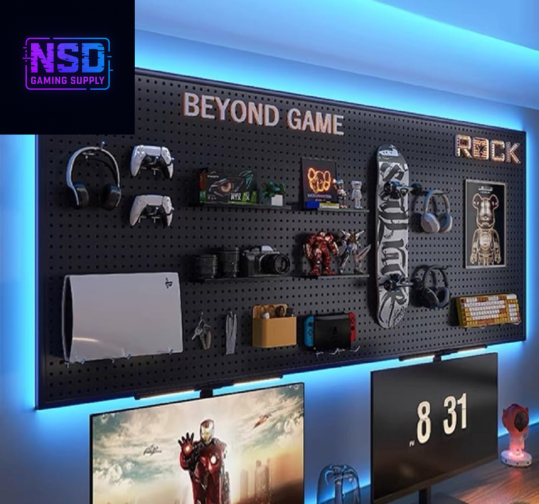 RGB+IC LED Pegboard Wall Organizer – 2-Pack Heavy-Duty Metal Panels with Hooks, 12x24 Inch Wall-Mounted Gaming Setup Organizer, DIY LED Display Board