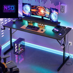 52 Inch Gaming Desk with Power Strip and LED Monitor Stand, Small Computer Desk for Home Office, Carbon Fiber Black