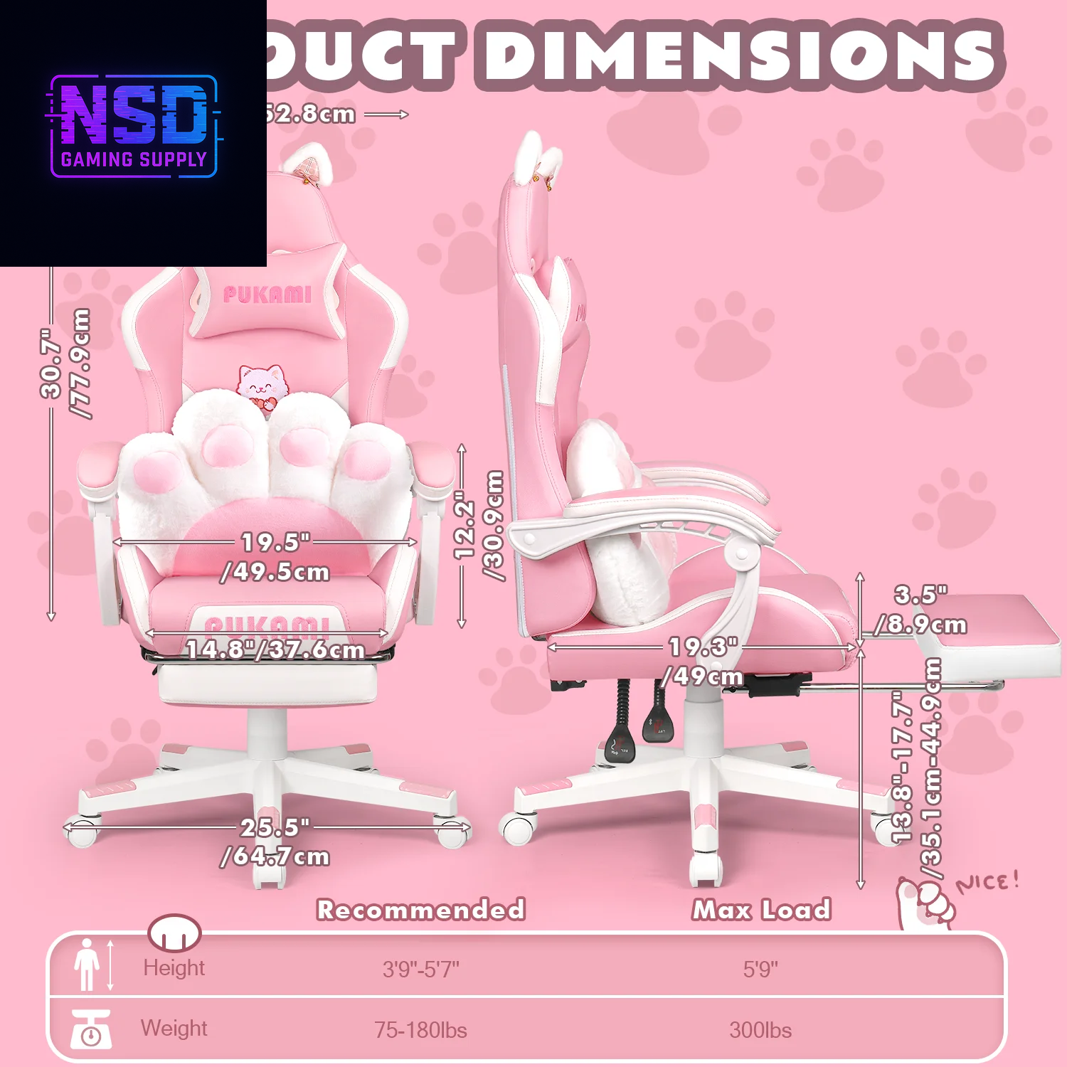 Pink Gaming Chair,Ergonomic Computer Chair for Adult with Cat Paw Lumbar Cushion and Cat Ears