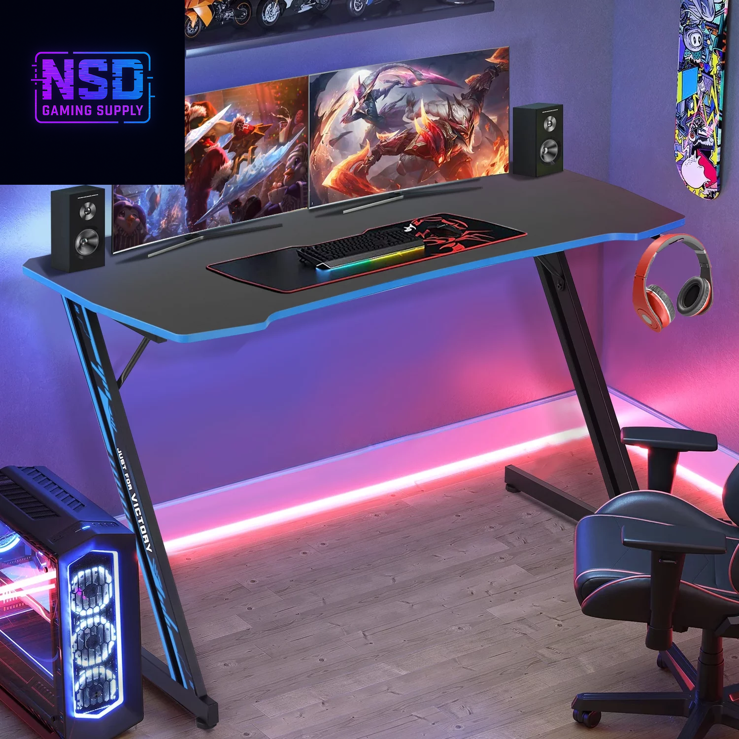 47-Inch Z-Shaped Gaming Desk – Ergonomic Design, Headphone Hook, Cup Holder, Carbon Fiber Texture (Blue)