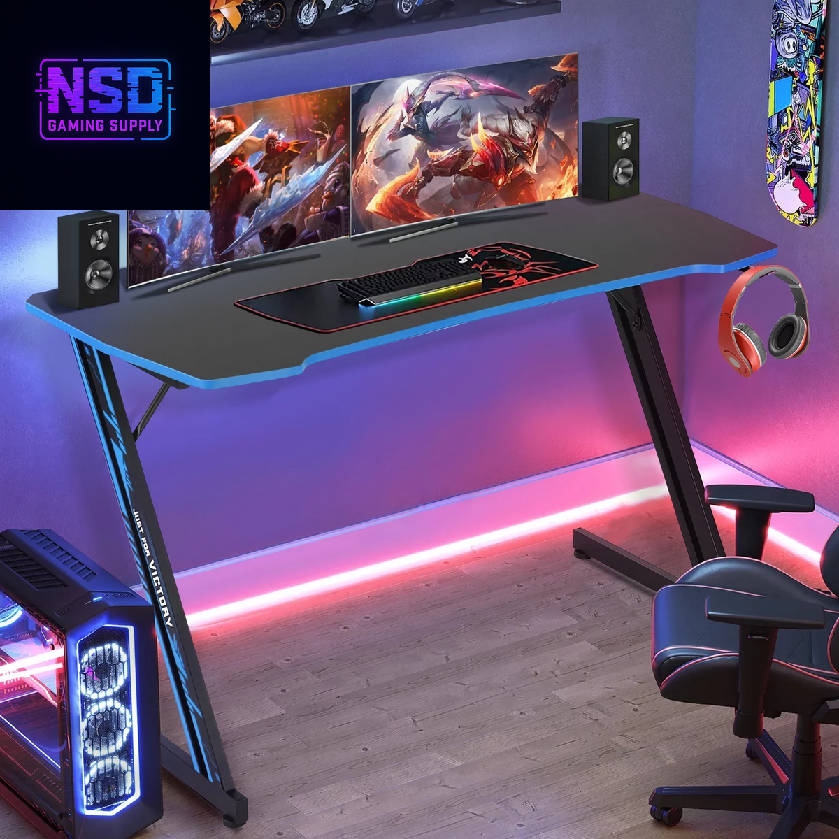 47-Inch Z-Shaped Gaming Desk – Ergonomic Design, Headphone Hook, Cup Holder, Carbon Fiber Texture (Blue)
