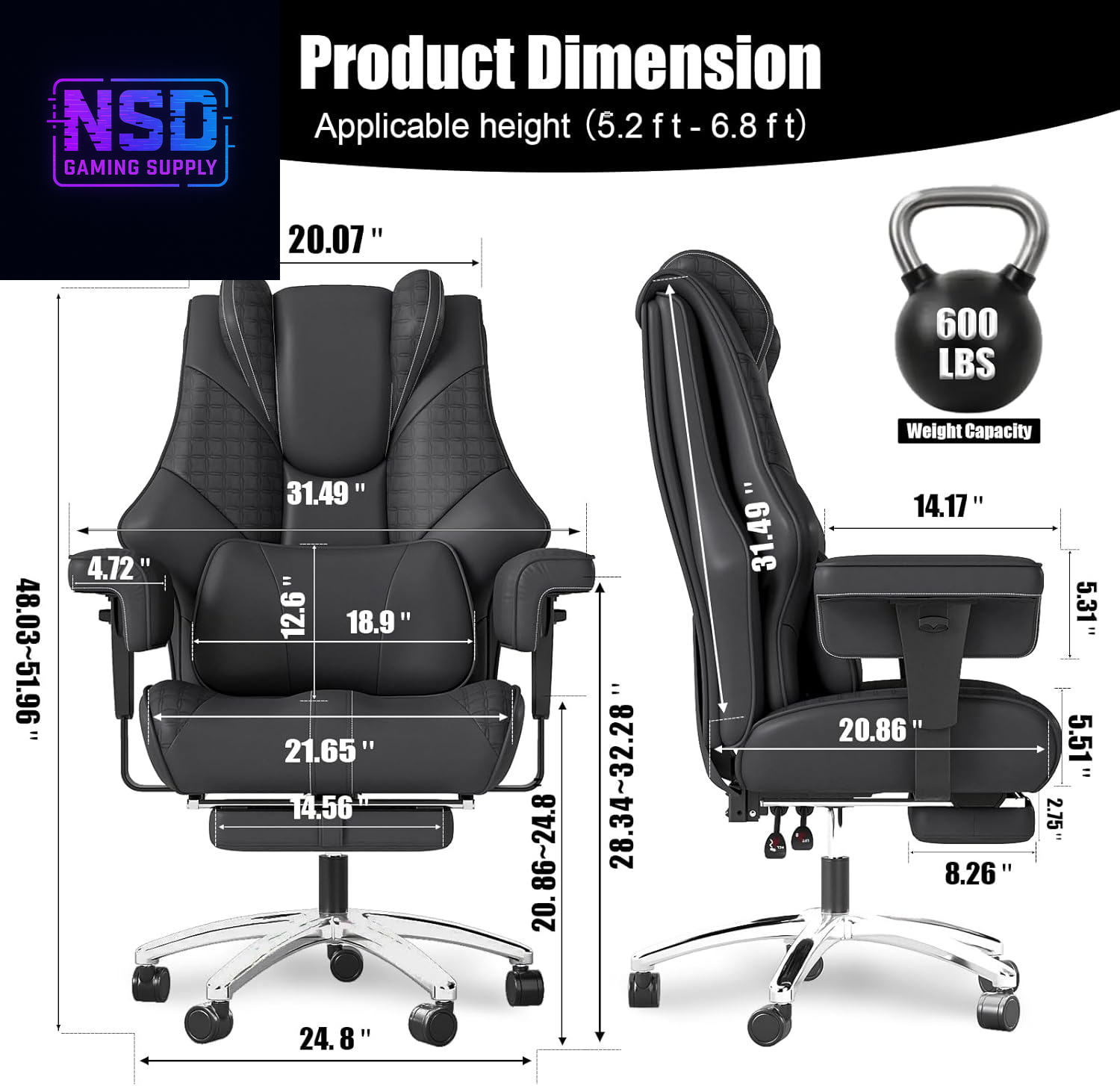 600Lbs Big and Tall Office Chair,Leather Executive Office Chair with Foot Rest for Heavy People,Wide Ergonomic Comfy High-Back Reclining Computer Chair, Swivel Rolling Wheels and Padded Lumbar Support