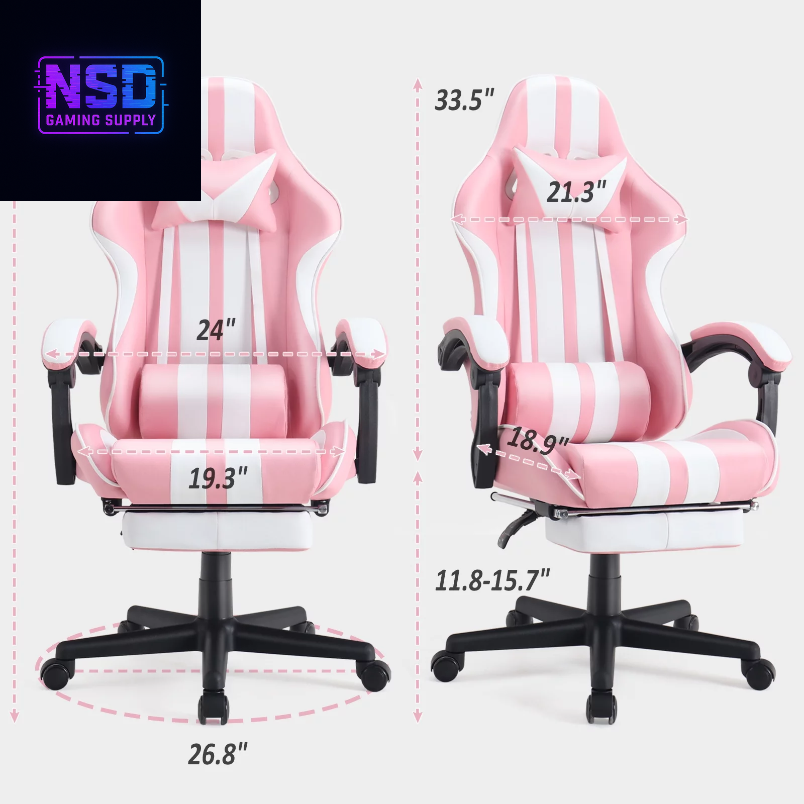 Gaming Chair Office Chair with Footrest, Ergonomic Massage Chair with Lumbar Pillow, Headrest for Adults Teens, Pink