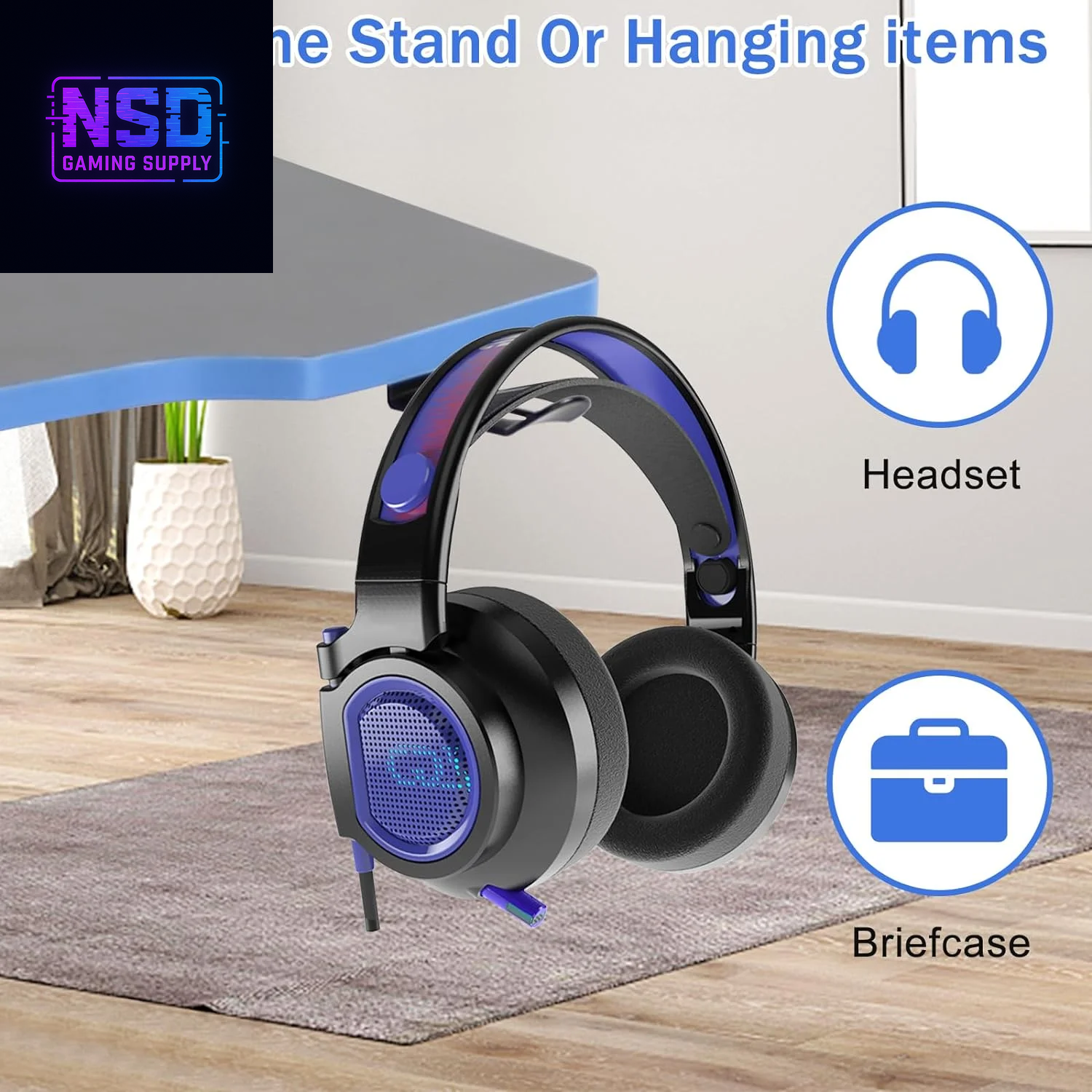 47-Inch Z-Shaped Gaming Desk – Ergonomic Design, Headphone Hook, Cup Holder, Carbon Fiber Texture (Blue)