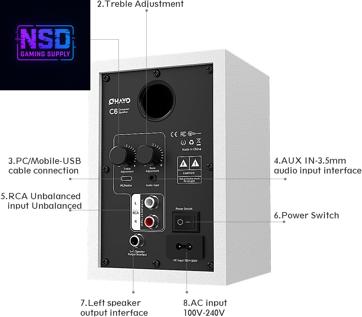 60W Computer Speakers for Gaming and Music, Active Bluetooth 5.3, Stereo 2.0 Speakers for Desktop PC Monitor or Laptop, Surround Sound Speaker, 3.5 Mm Aux RCA Input, Usb-Powered, 1 Pair, White