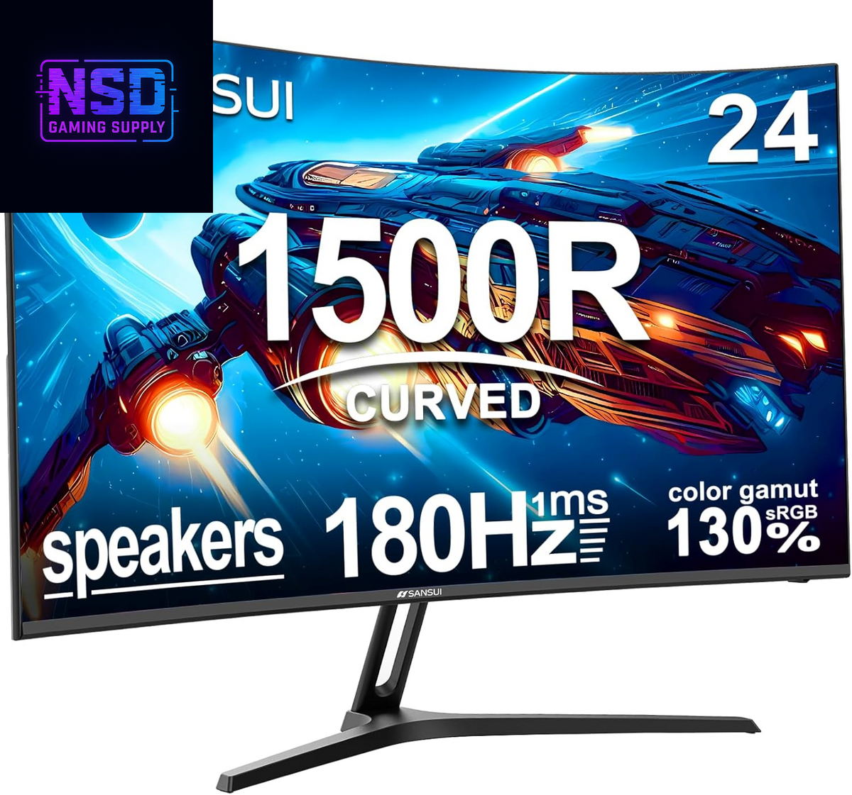 24‑inch Curved Gaming Monitor, 180 Hz, 1 ms MPRT, FHD, FreeSync, 130% sRGB, HDR, Built‑in speakers, HDMI + DP, VESA, metal stand, HDMI cable included