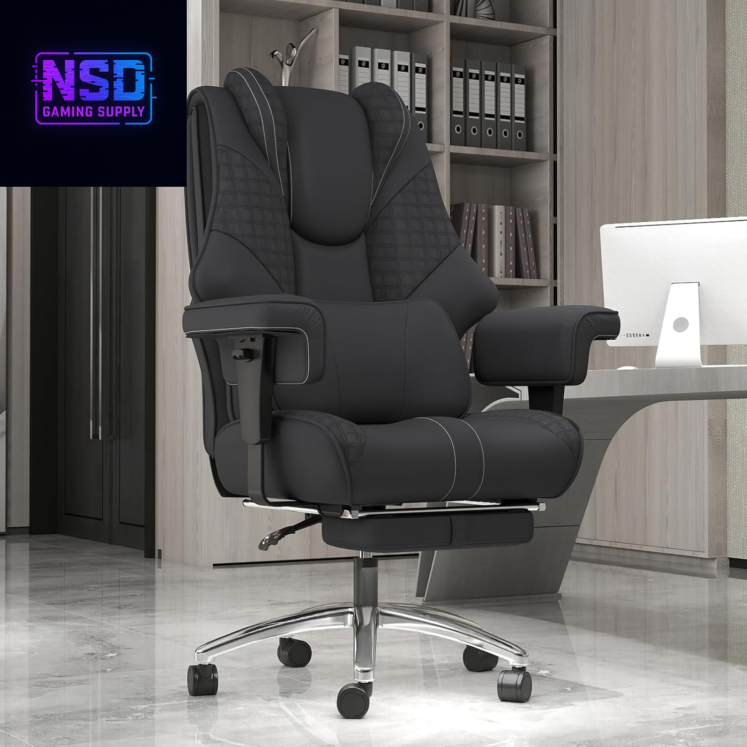 600Lbs Big and Tall Office Chair,Leather Executive Office Chair with Foot Rest for Heavy People,Wide Ergonomic Comfy High-Back Reclining Computer Chair, Swivel Rolling Wheels and Padded Lumbar Support