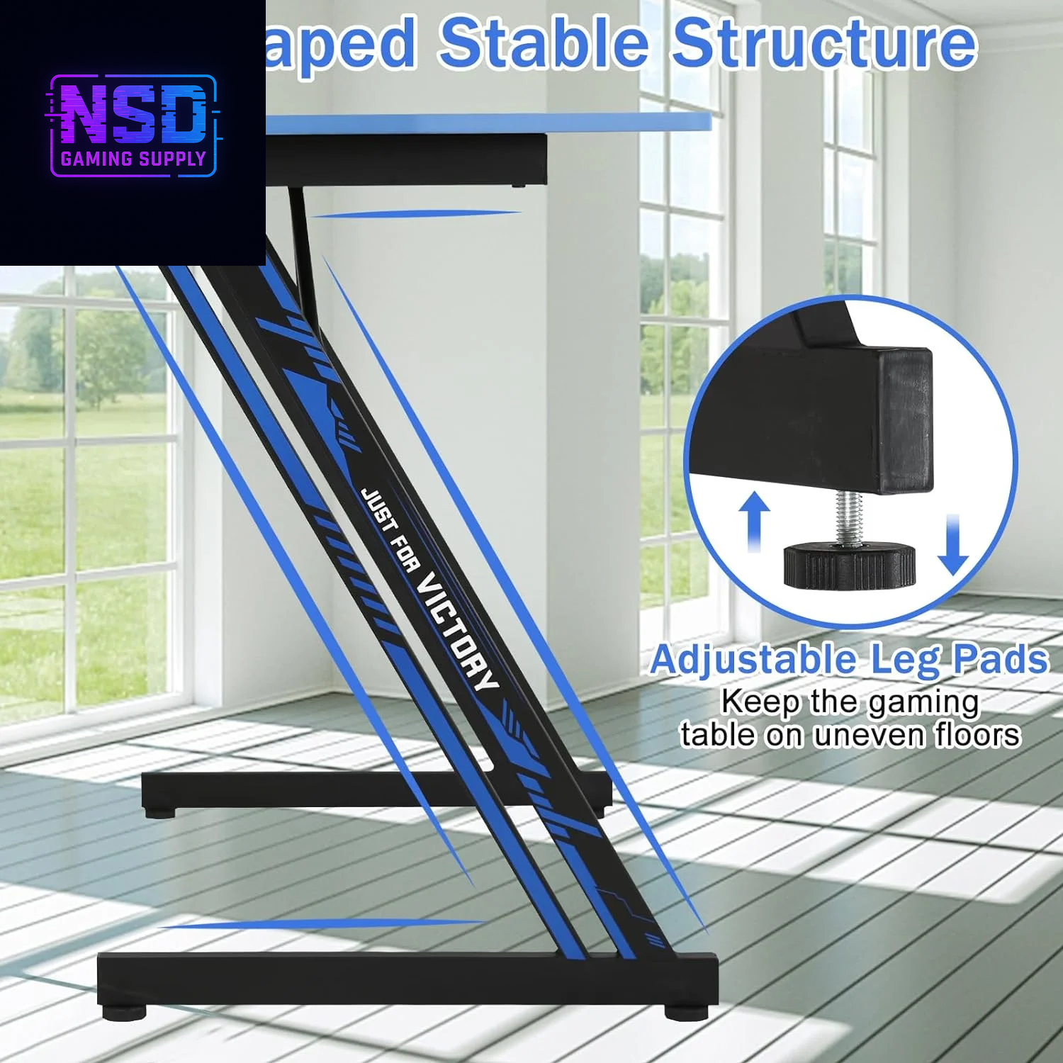 47-Inch Z-Shaped Gaming Desk – Ergonomic Design, Headphone Hook, Cup Holder, Carbon Fiber Texture (Blue)