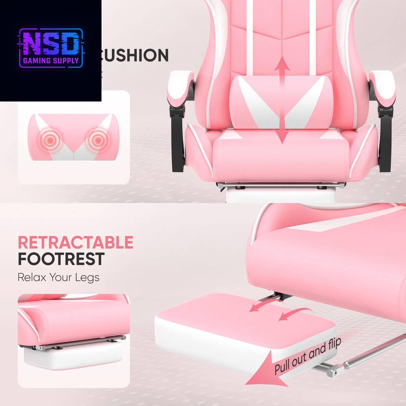 Pink Gaming Chair, Adult Game Gamer with Footrest & Massage Lumbar Pillow , Ergonomic High Back Office Chairs with Bunny Ear, Pink