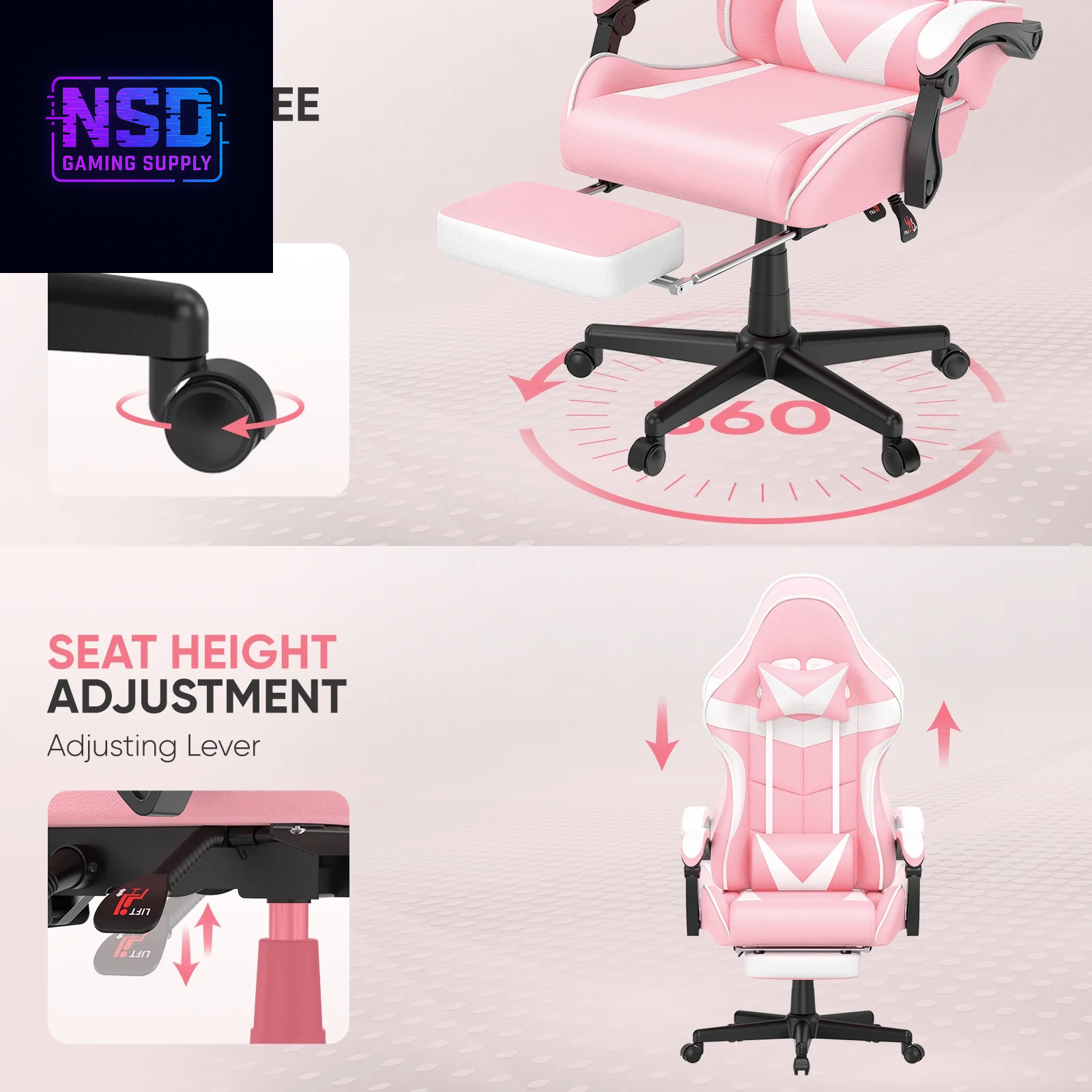 Pink Gaming Chair, Adult Game Gamer with Footrest & Massage Lumbar Pillow , Ergonomic High Back Office Chairs with Bunny Ear, Pink