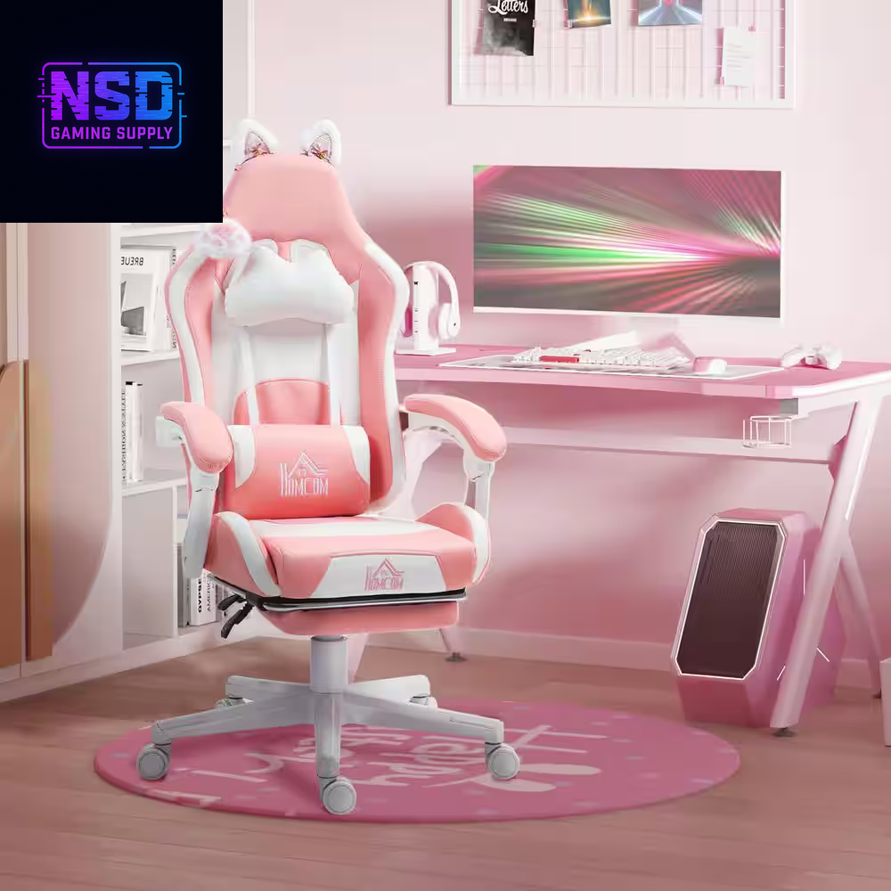 HOMCOM Cute Pink Gaming Chair with Footrest – Reclining Gamer Chair with Cat Ears, Faux Leather, and Adjustable Height
