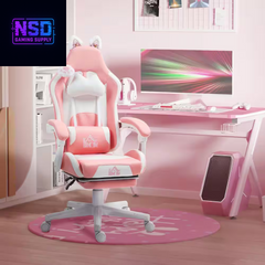 HOMCOM Cute Pink Gaming Chair with Footrest – Reclining Gamer Chair with Cat Ears, Faux Leather, and Adjustable Height