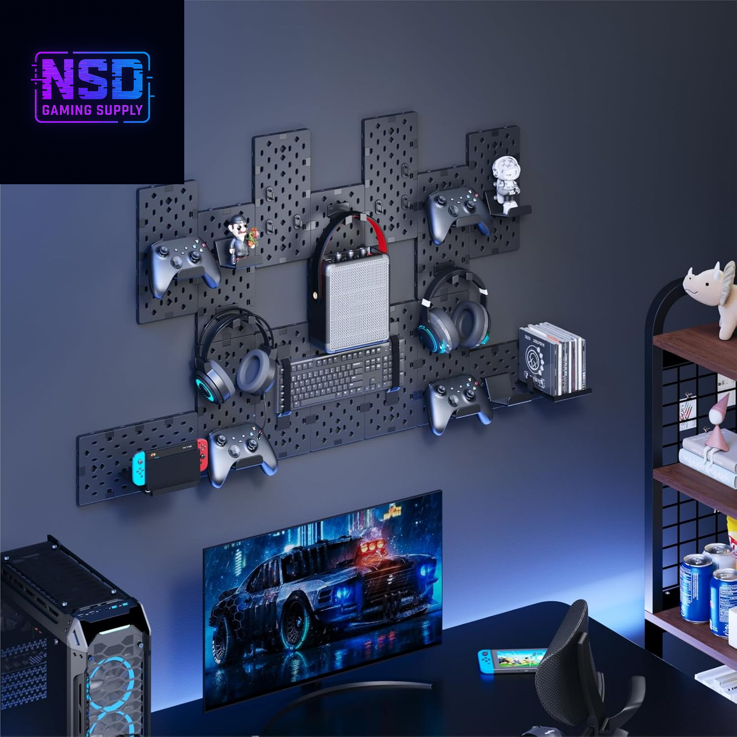 Controller & Headphone Wall Mount Organizer – Modular Pegboard System with 14 Accessories, Controller Stand for Xbox, PlayStation, Switch, and Gaming Disc Shelf